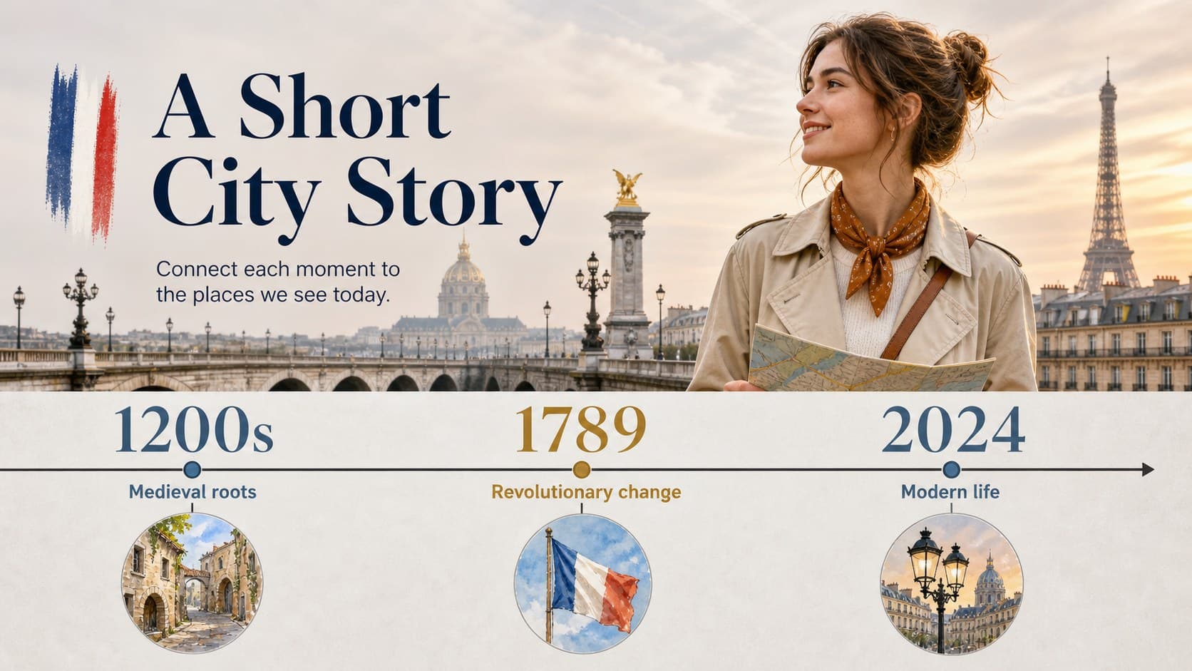 Timeline slide mapping a short Paris history lesson with gray paper and colorful markers.