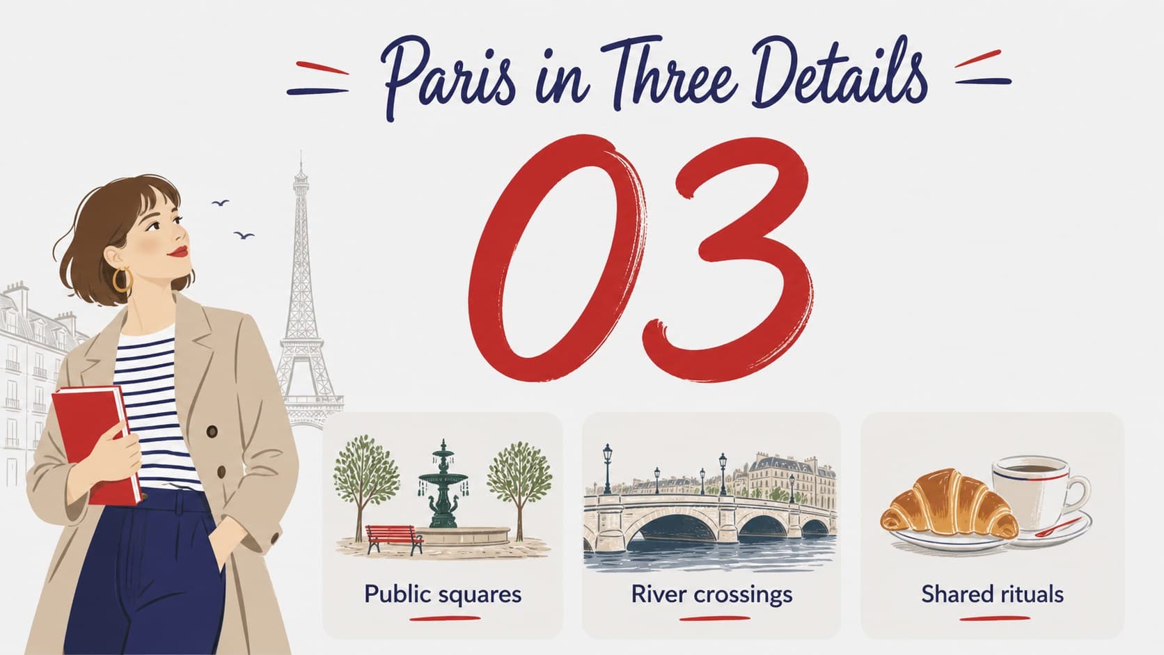 Fact sheet slide with illustrated icons and concise Paris culture notes.