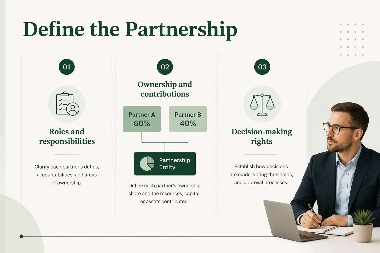 Partnership contract presentation template slide outlining roles, ownership, and shared responsibilities.