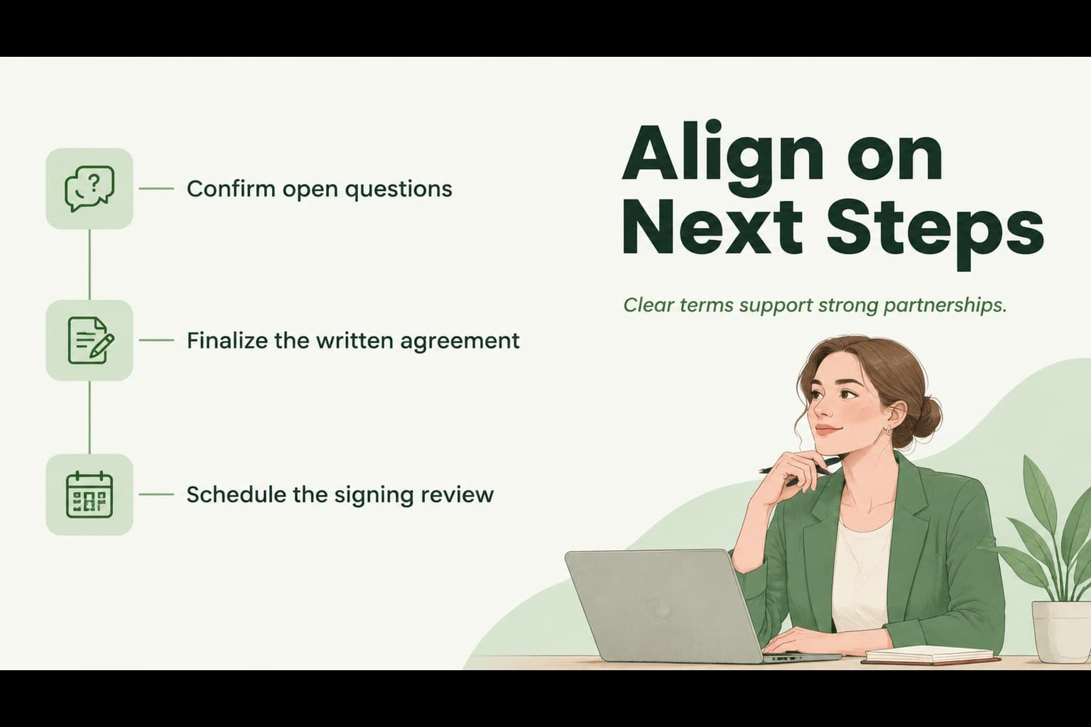 Partnership agreement presentation closing slide summarizing decisions and next steps.