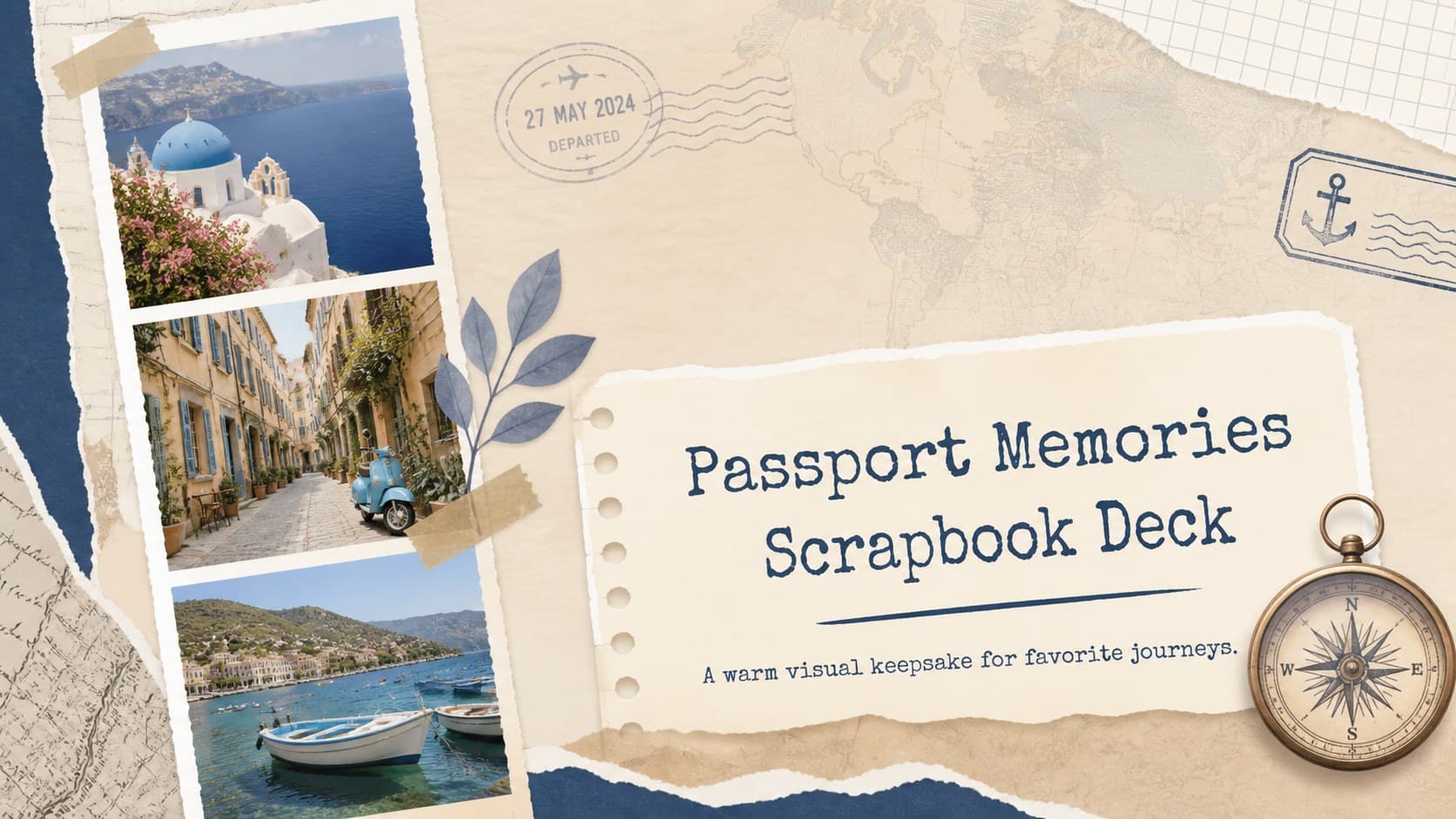 Cover of a Passport Memories Scrapbook Deck with layered travel photos and blue-and-beige paper details.