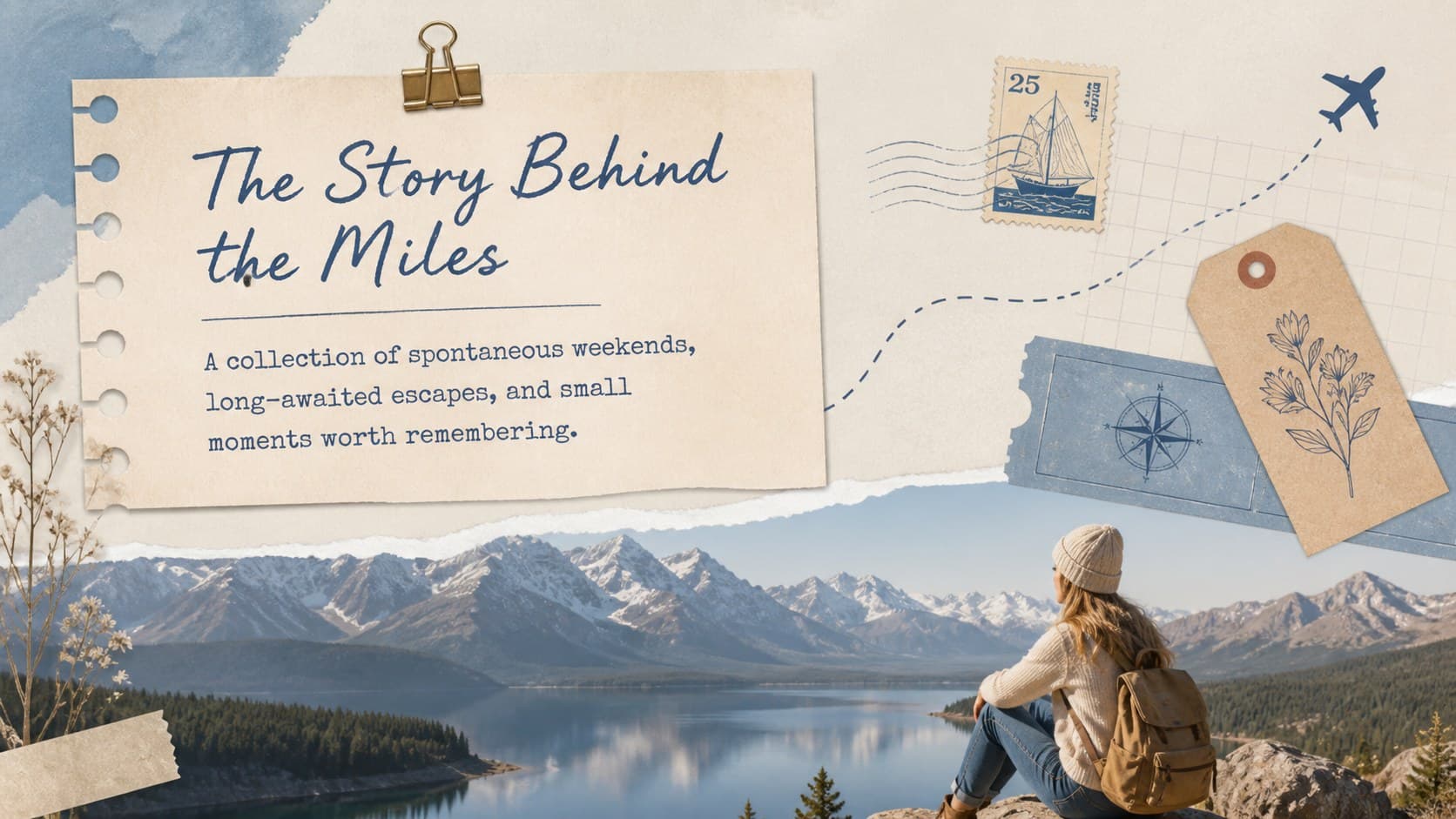 Blue-and-beige travel memories presentation slide introducing the story behind a year of journeys.