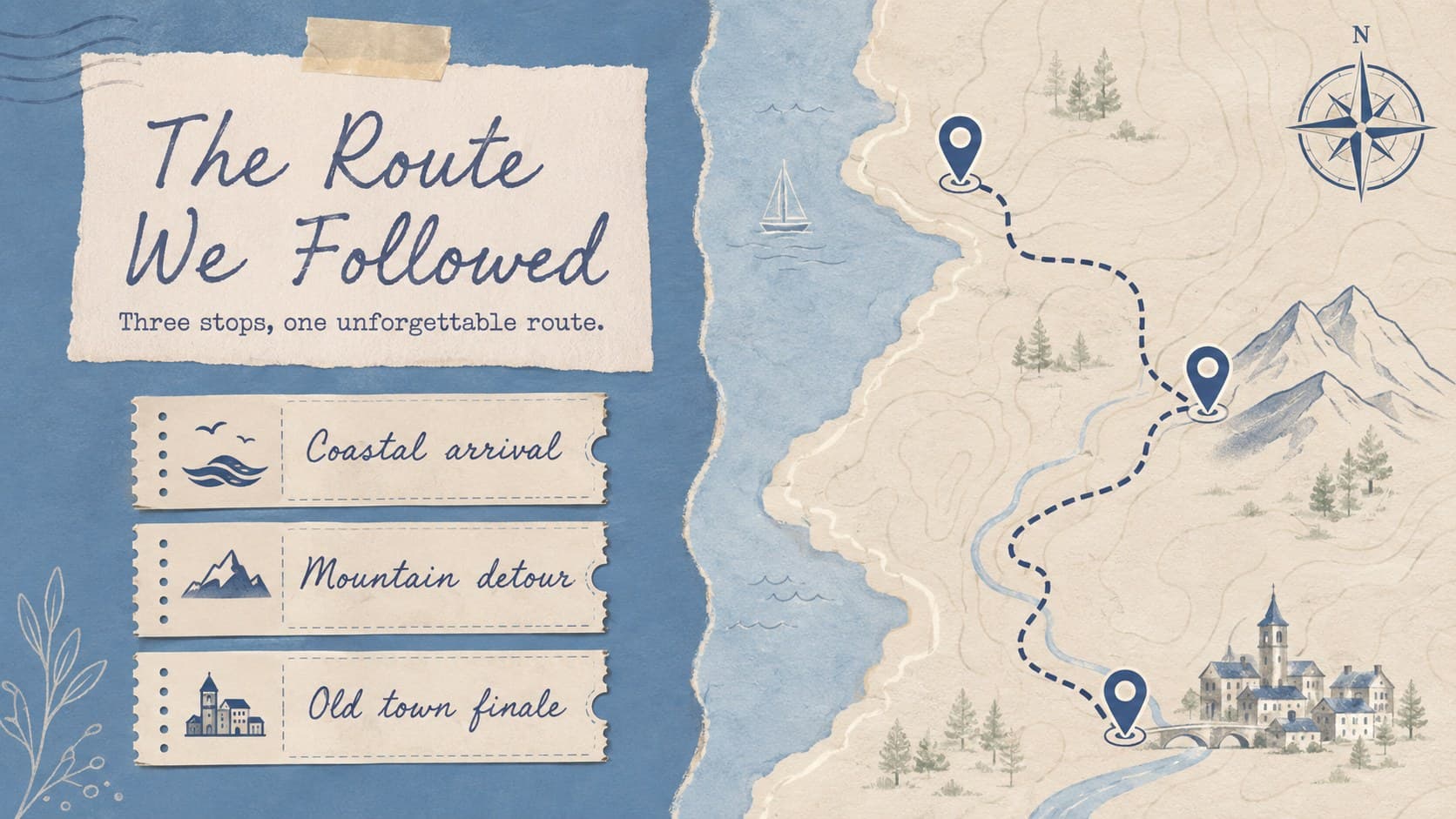 Digital trip journal template slide with a mapped route and notes for three memorable stops.