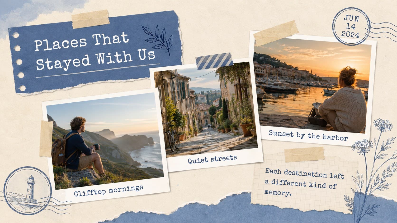 Vacation photo recap slideshow featuring three destination highlights in a layered scrapbook collage.