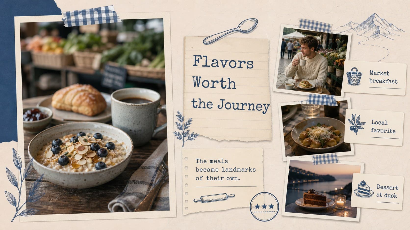 Holiday memories photo deck slide displaying favorite meals with captions and scrapbook-style decorations.