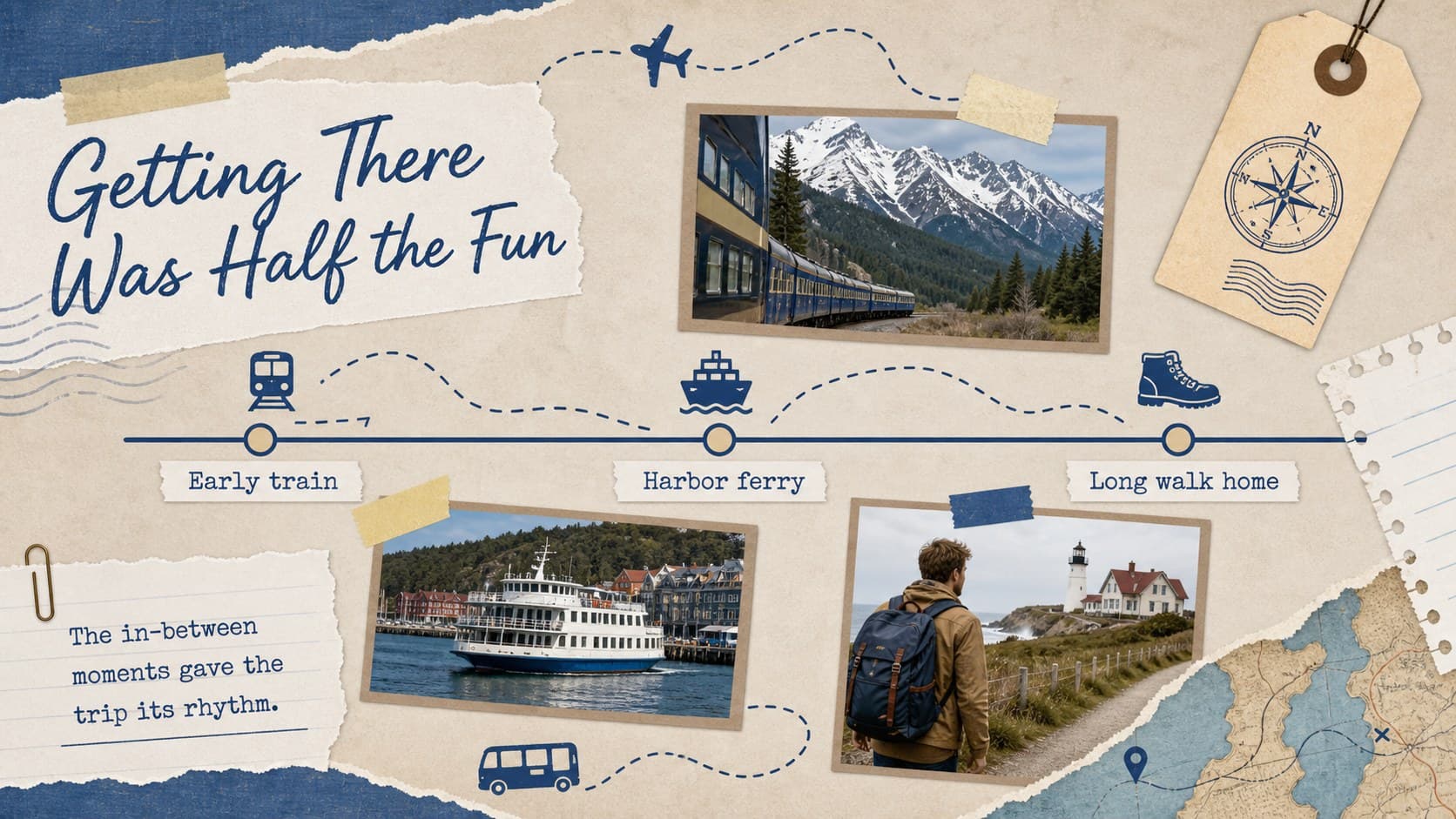Travel scrapbook slide highlighting train, ferry, and walking experiences in a blue-and-beige collage.