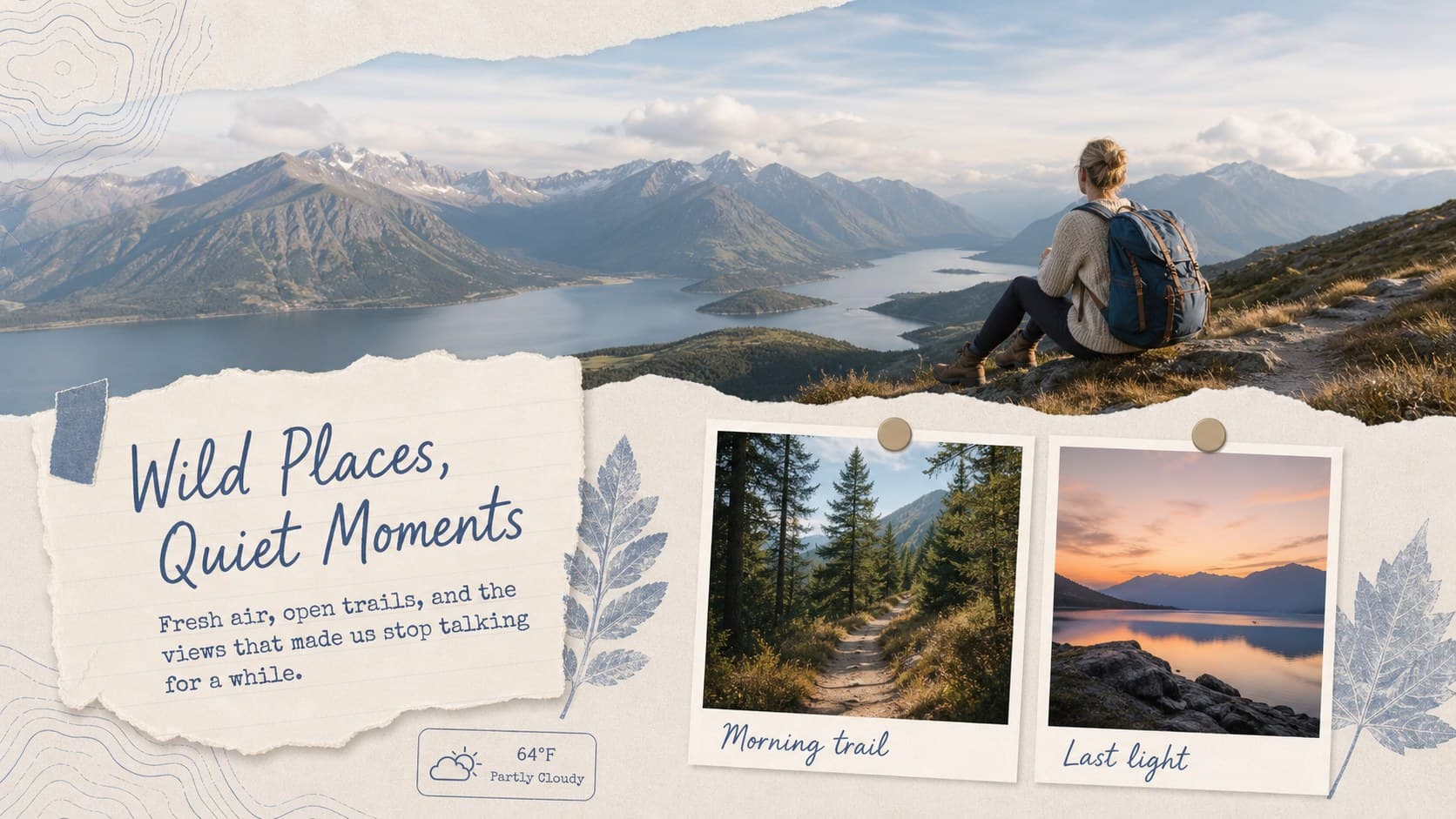 Blue beige travel scrapbook slide presenting outdoor discoveries through landscape photographs and journal notes.