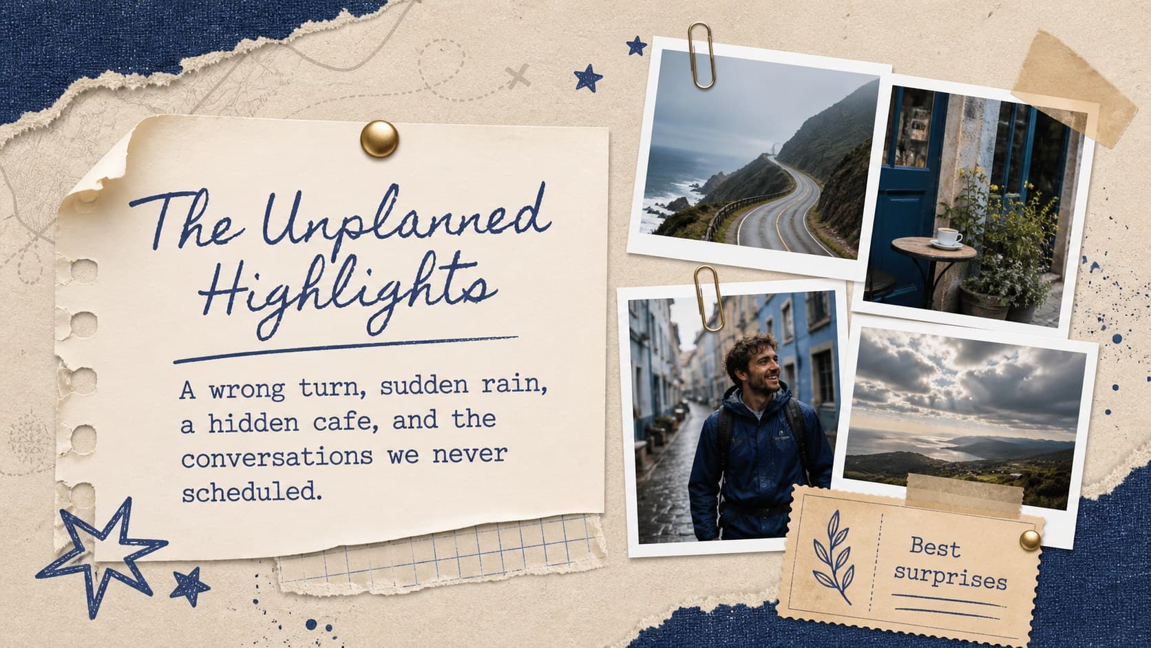Travel memories presentation slide combining candid photographs with short notes about unexpected highlights.