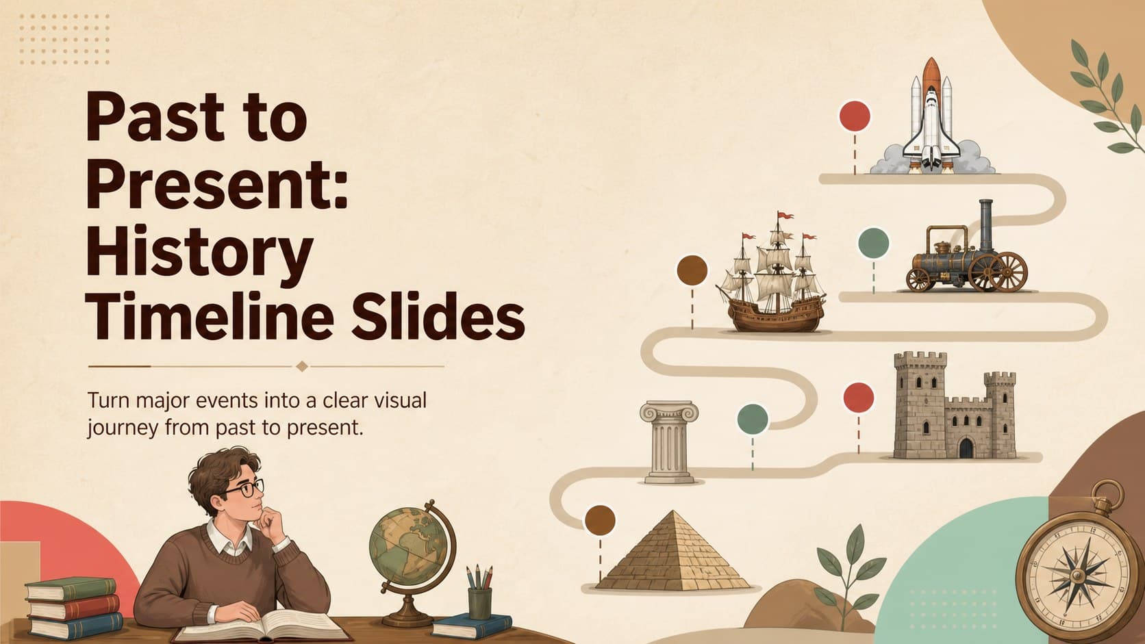 Illustrated cover for a history timeline infographic deck showing a colorful journey from past to present.