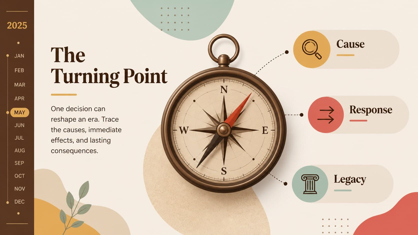 Chronological events infographic featuring a highlighted turning point and supporting historical facts.