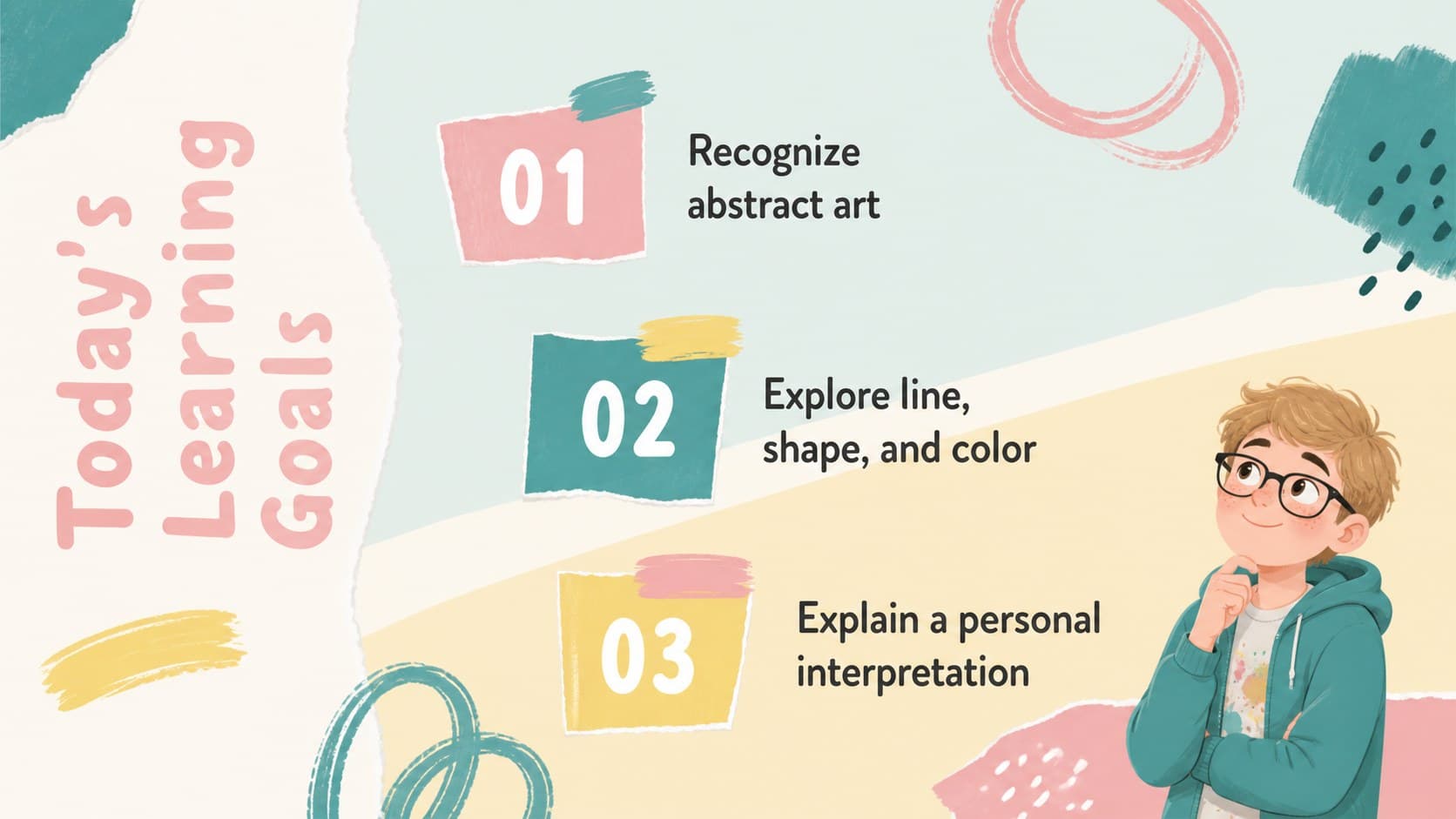 Pastel abstract art lesson objectives slide with three colorful learning goals.