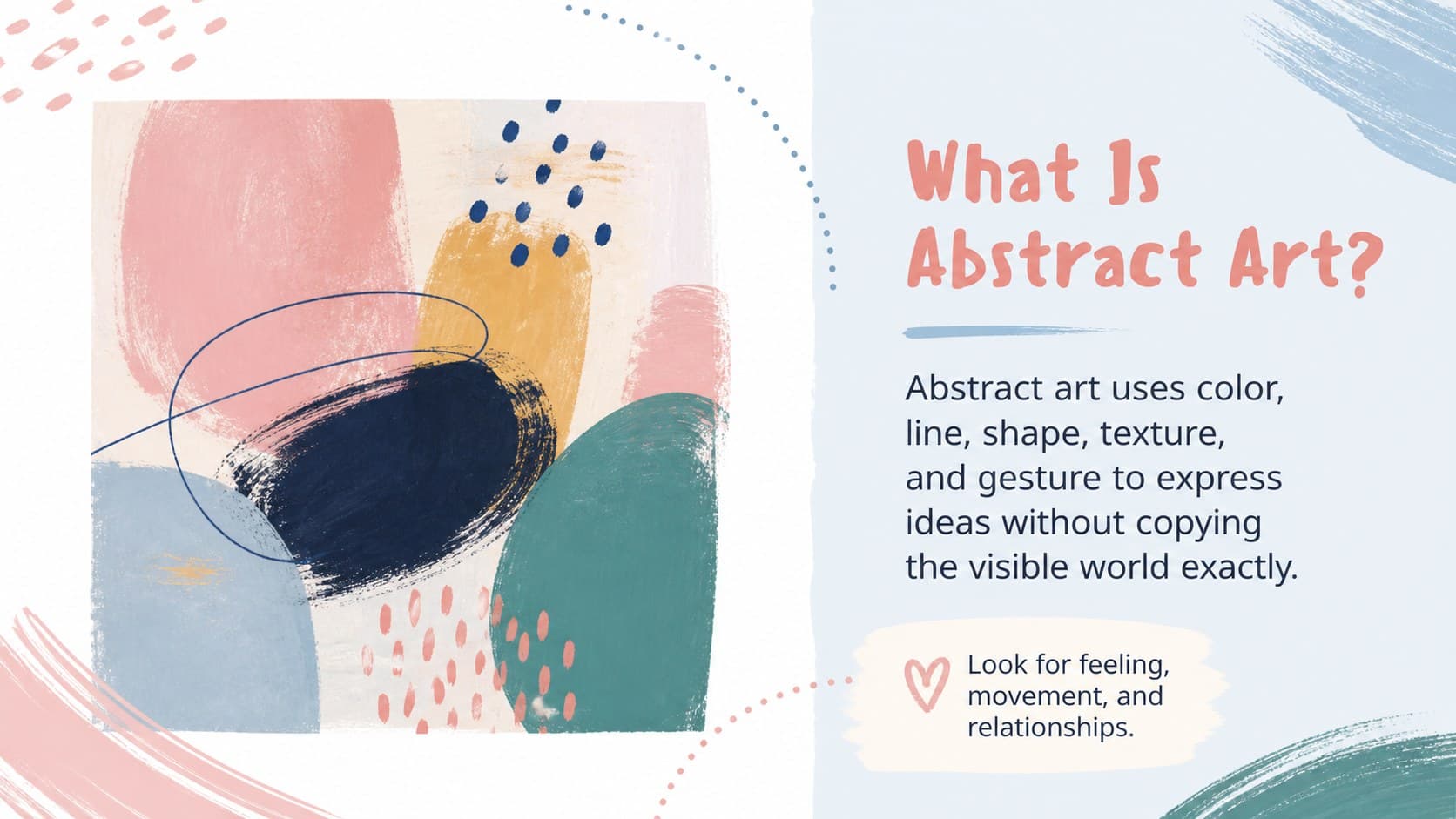 Nonrepresentational art classroom presentation slide defining abstract art with painted visual examples.