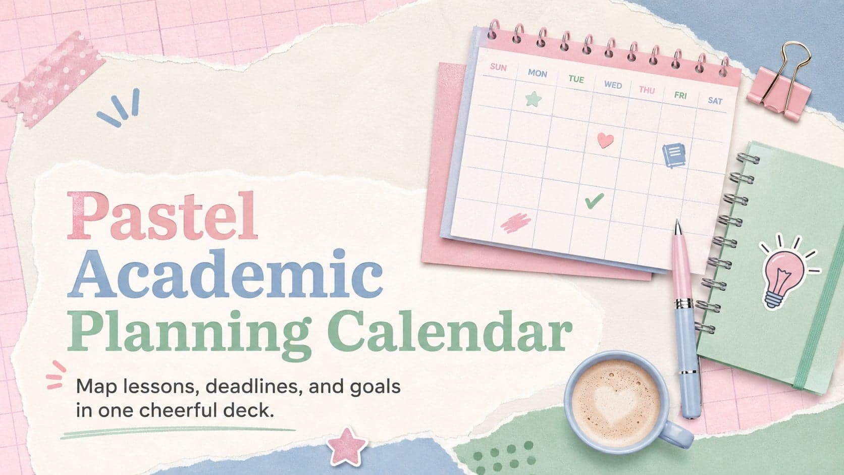 Pastel Academic Planning Calendar cover with playful school illustrations in pink, blue, and green.