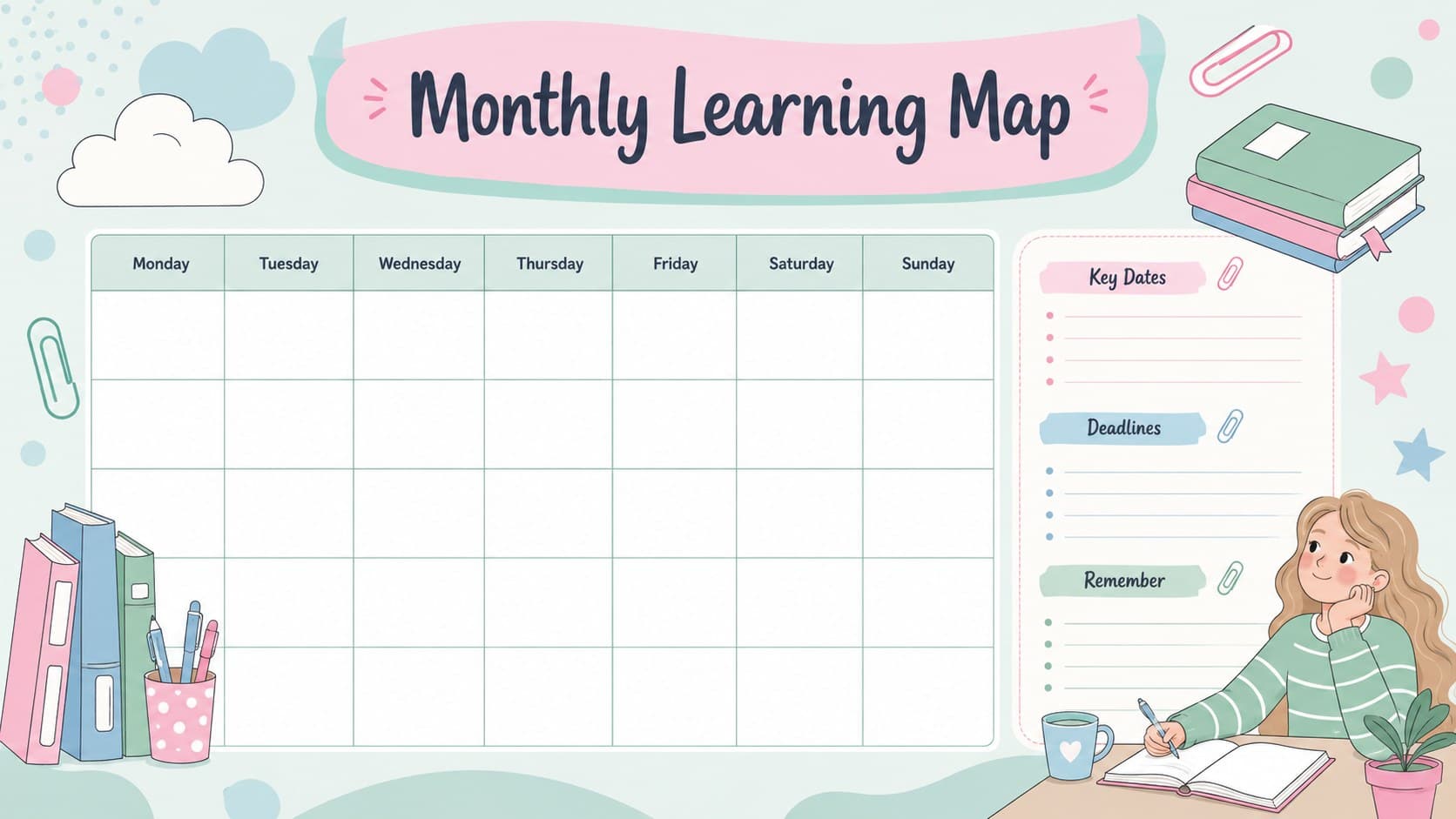 Pastel monthly lesson calendar with space for events, deadlines, and reminders.
