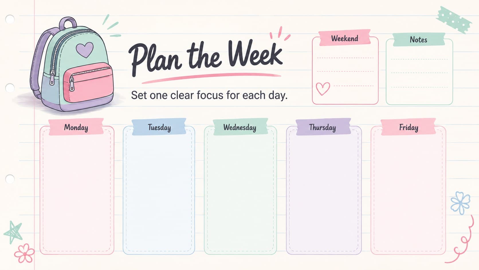 Weekly study schedule slide with pastel task columns and a notes area.
