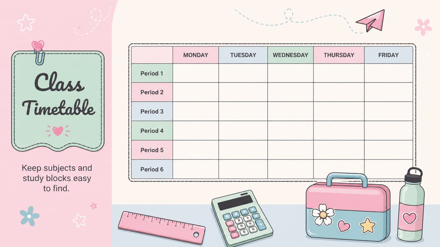 Editable pastel class timetable organized by weekday and lesson period.