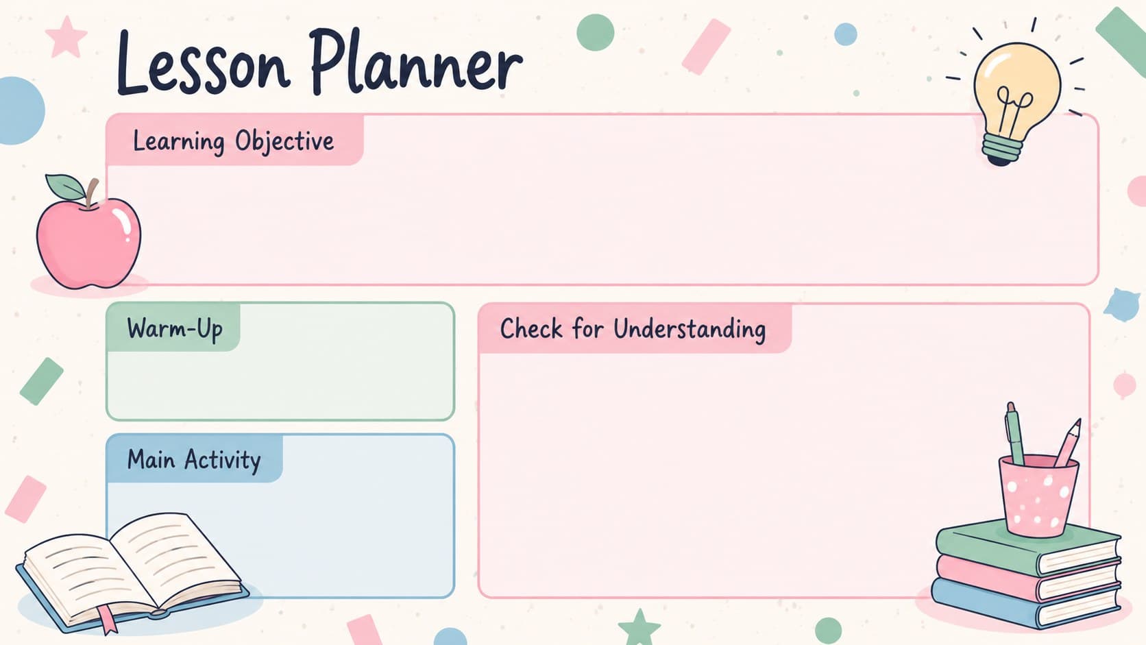 Teacher lesson planning layout with objectives, activities, resources, and assessment sections.