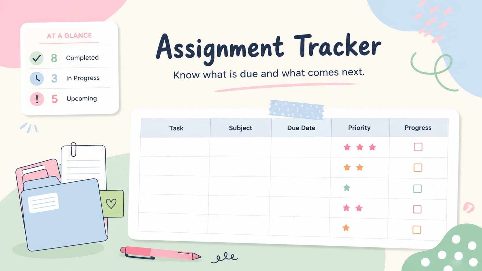 Student assignment tracker slide listing subjects, due dates, priorities, and progress.