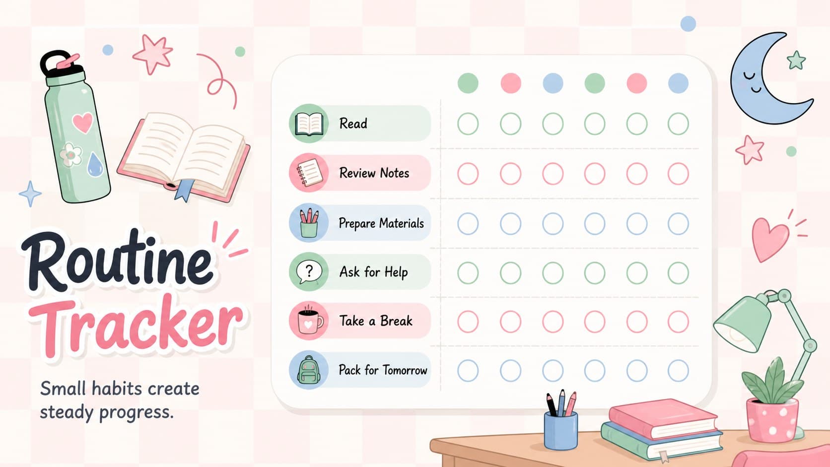 Colorful classroom routine tracker with daily habits and completion markers.