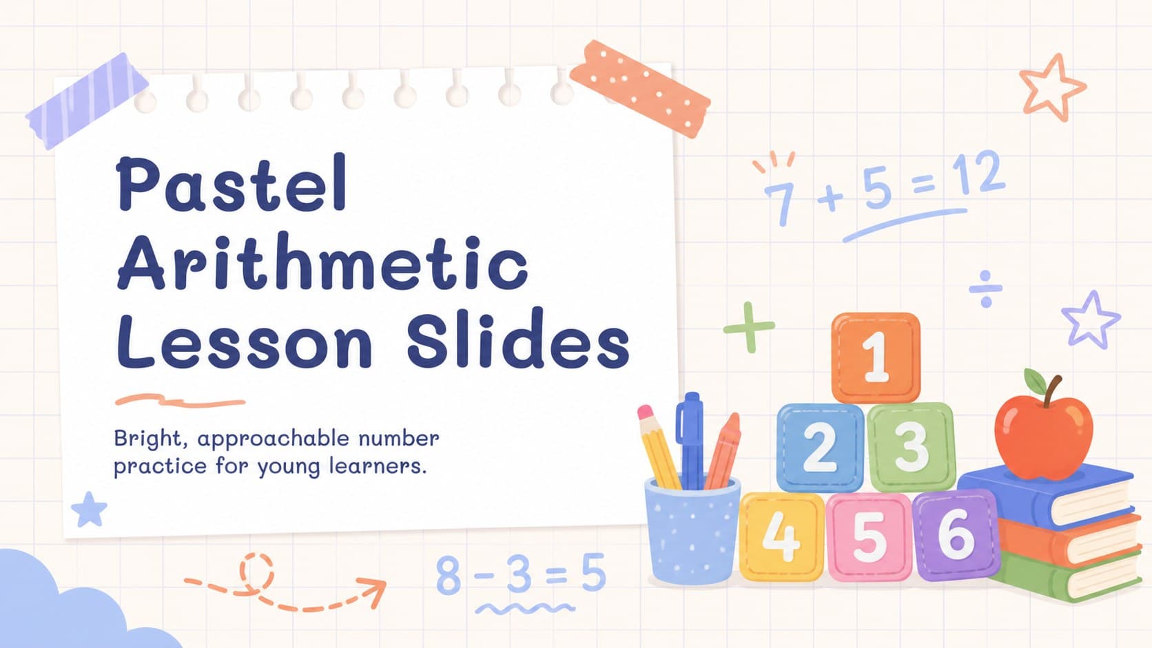 Cover for Pastel Arithmetic Lesson Slides with playful number illustrations in soft blue and orange.