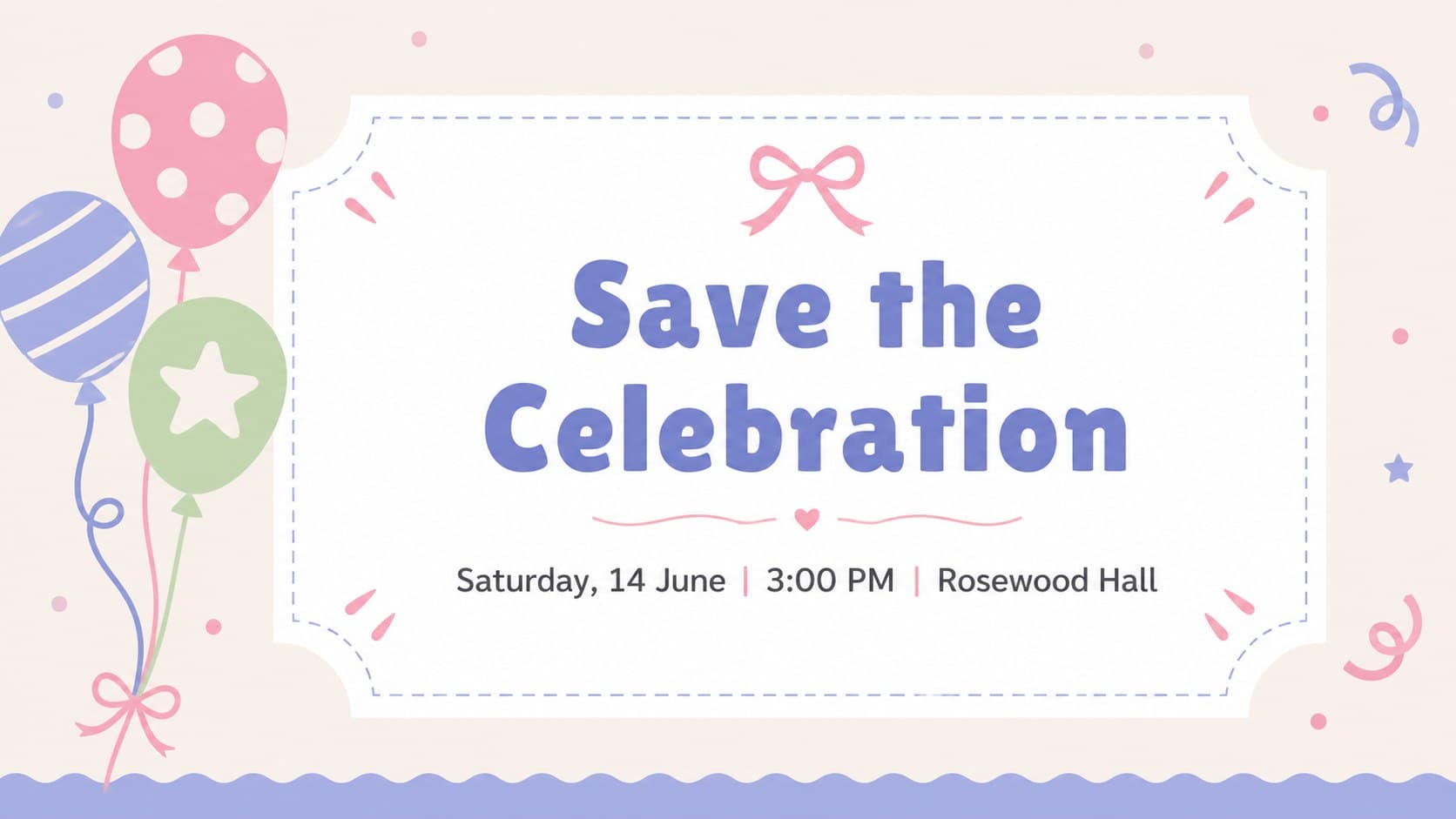 Birthday party announcement slide with a pastel balloon border and editable event details.