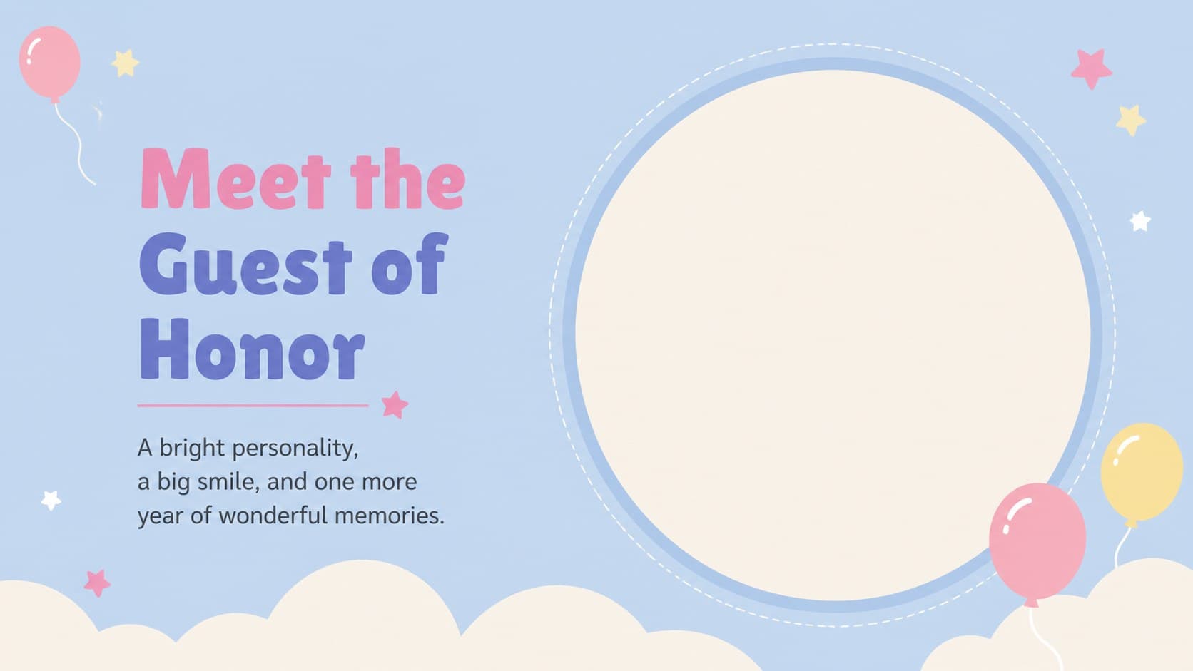 Pastel birthday invitation slide showing a guest-of-honor message with playful illustrated decorations.