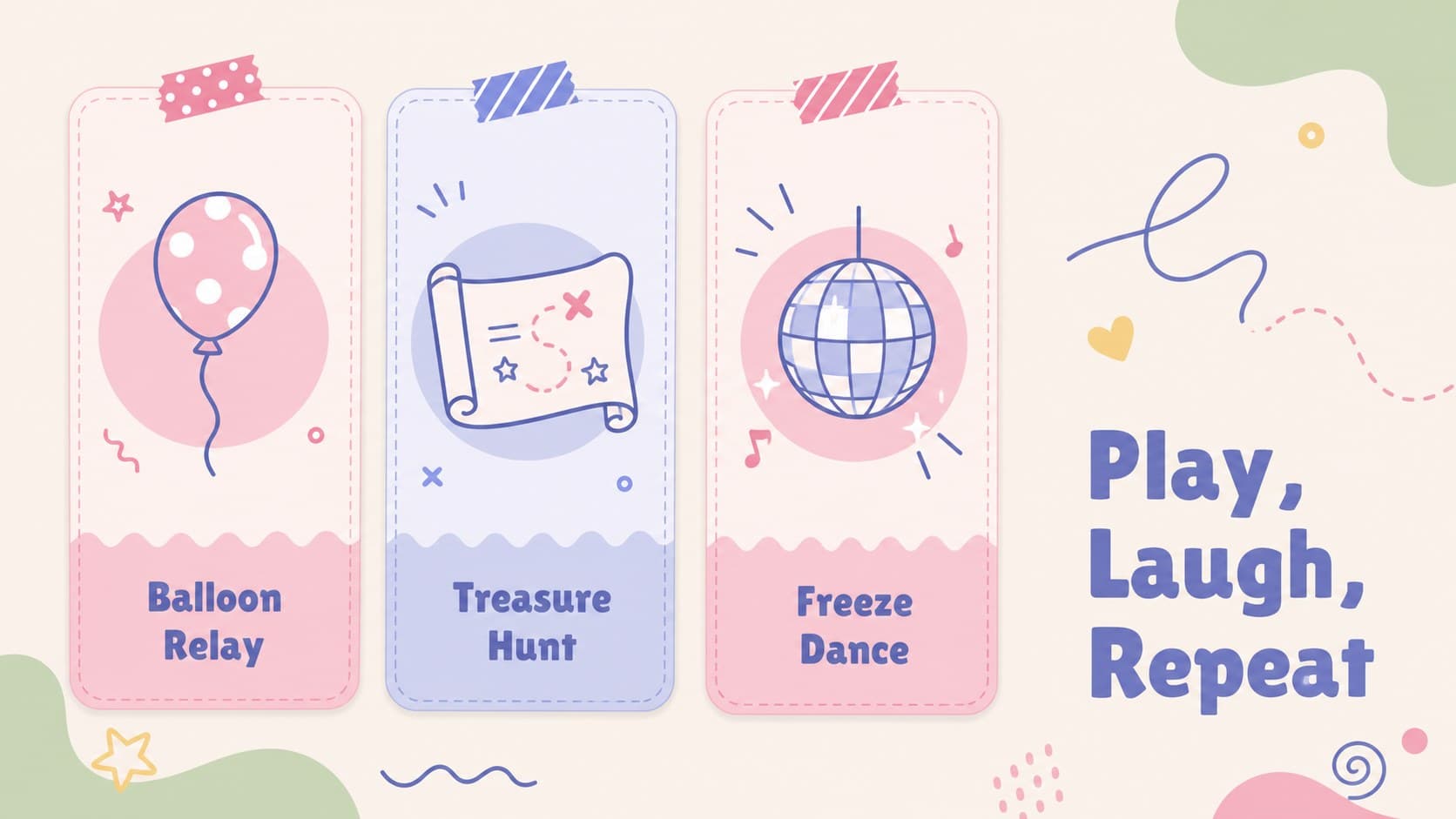 Pastel birthday games slide with colorful activity cards for a children's party.