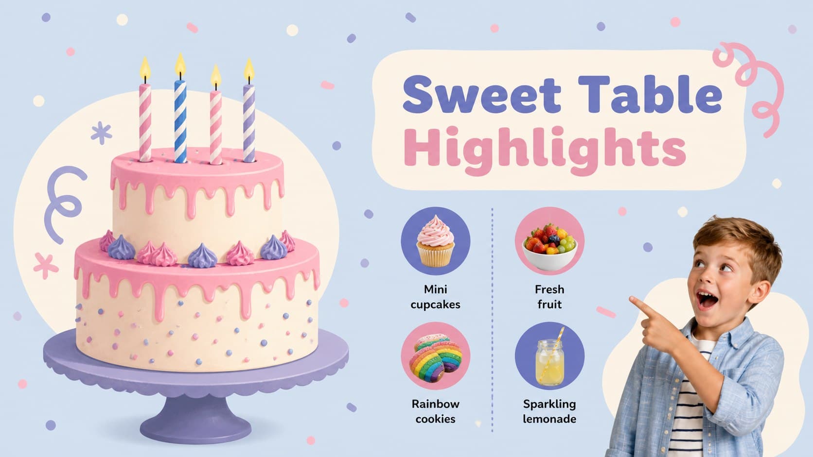 Birthday menu slide with pastel dessert sections and illustrated balloon accents.