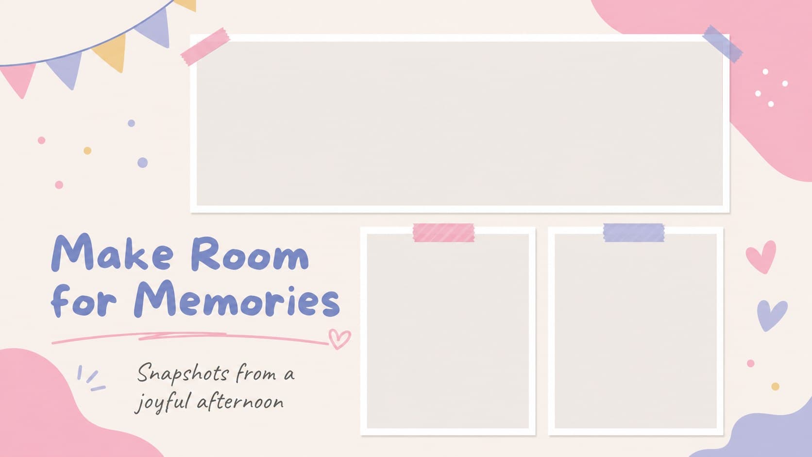 Pastel birthday photo collage slide with editable memory frames and balloon graphics.