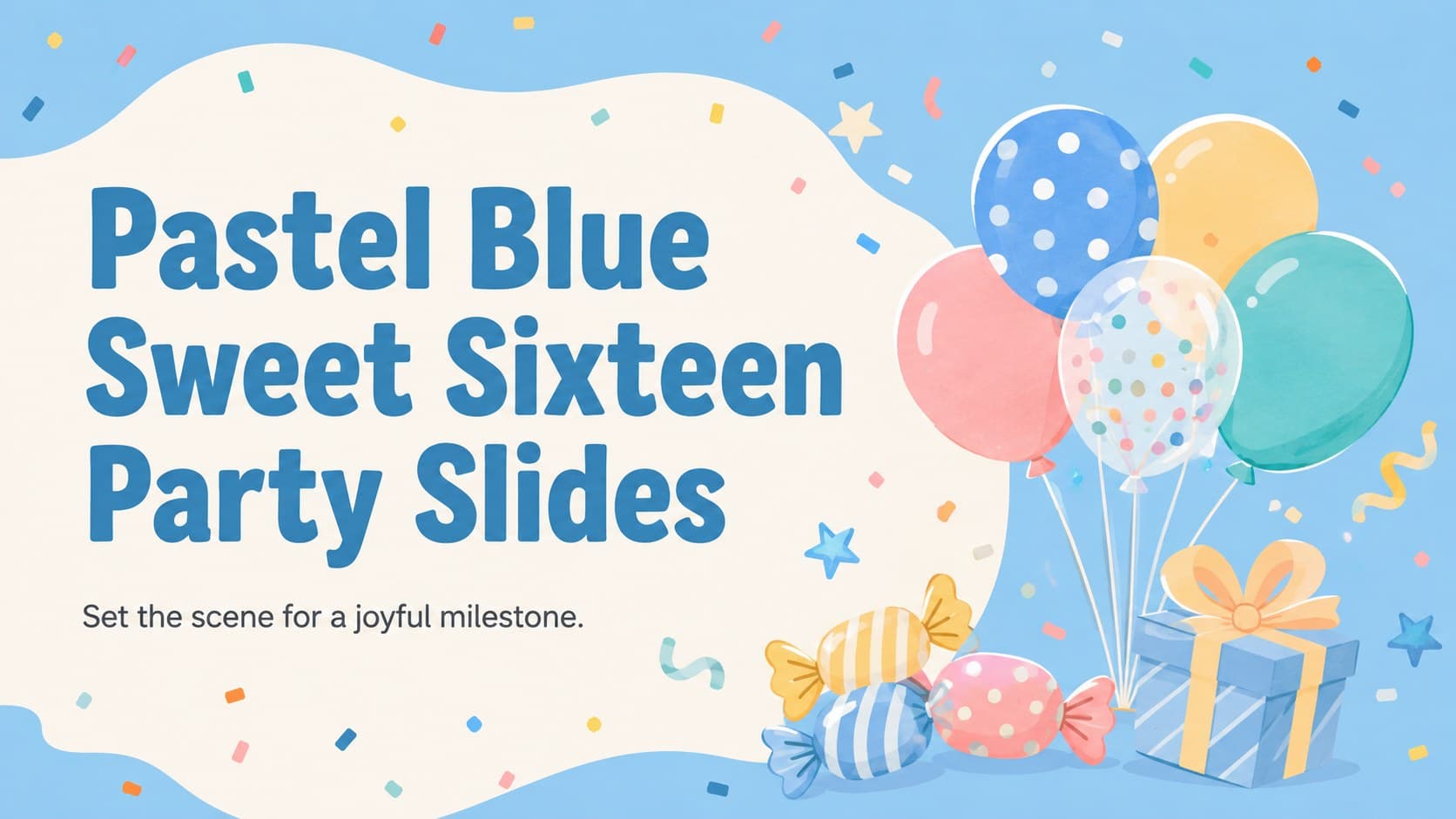 Cover for Pastel Blue Sweet Sixteen Party Slides with balloons, sweets, confetti, and a cheerful milestone birthday headline.