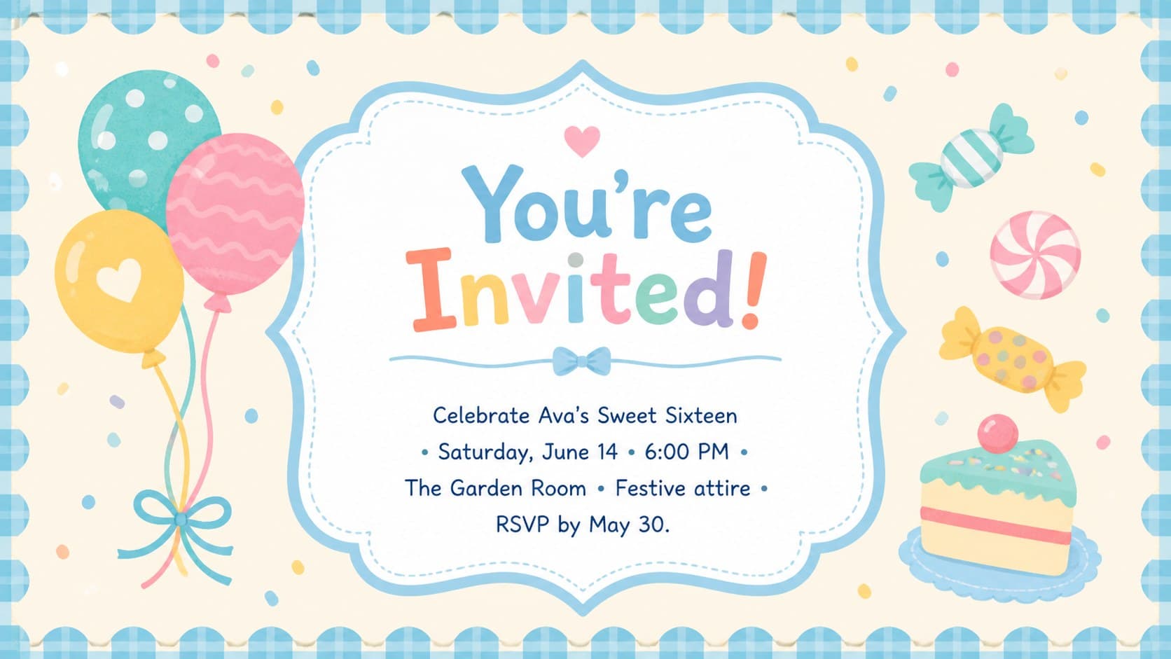Pastel blue sweet sixteen invitation slide displaying the celebration date, venue, dress code, and RSVP details.