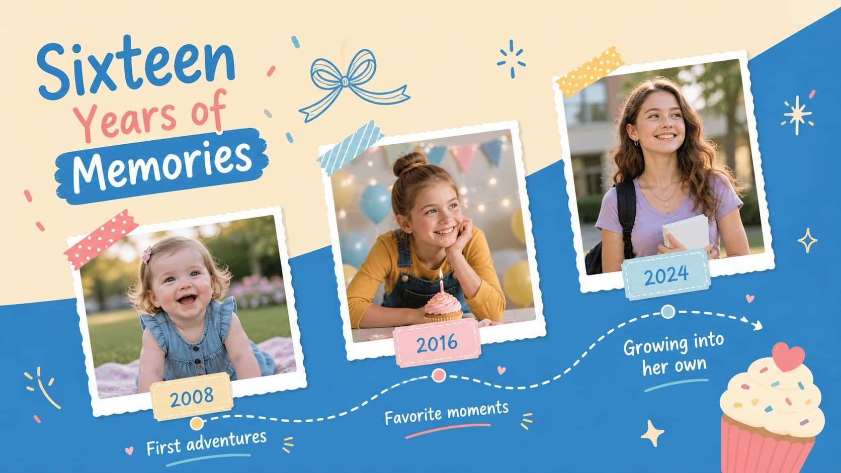 Milestone birthday memory slide presenting three childhood photos with short captions in a pastel illustrated layout.