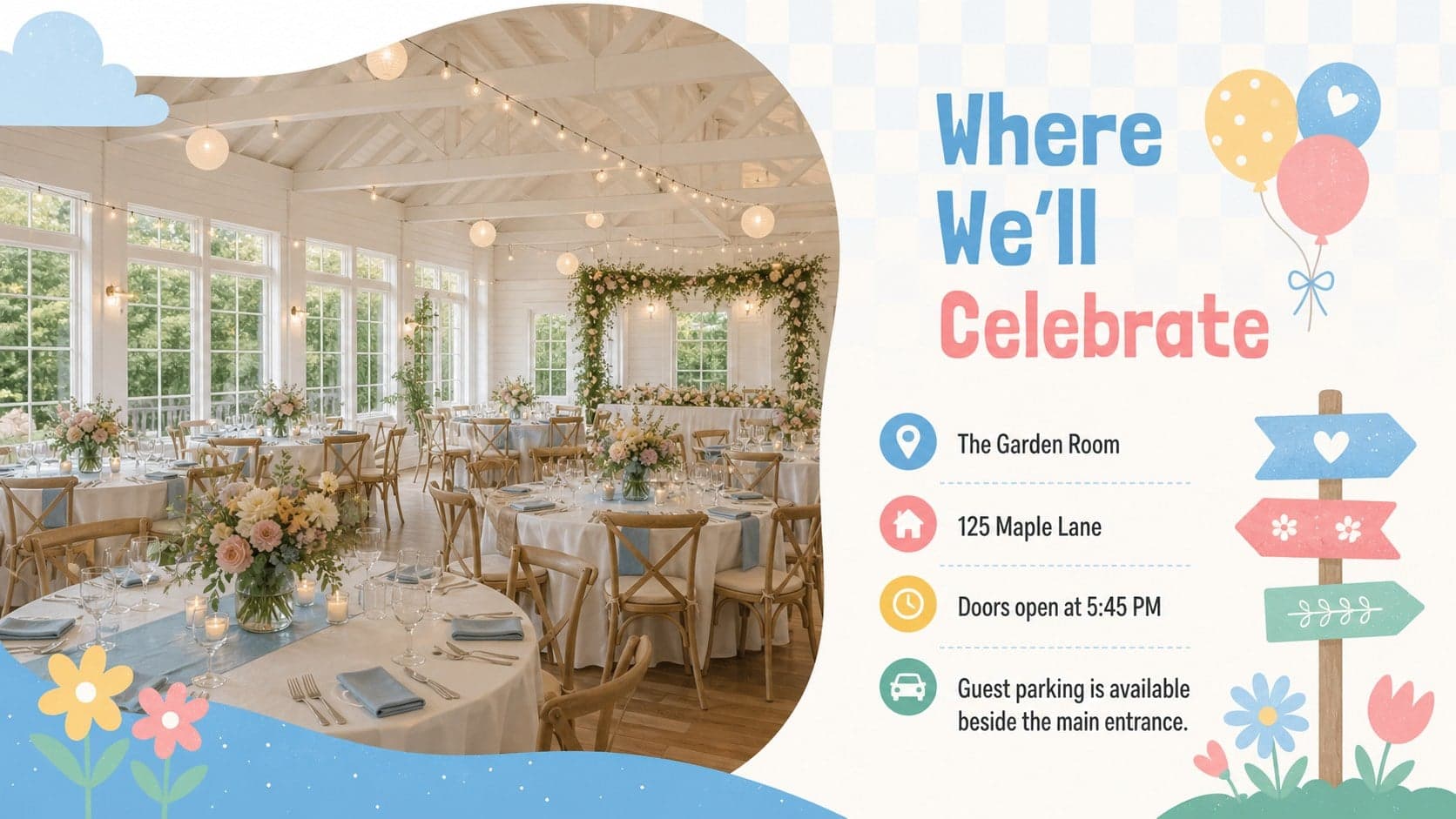 Pastel blue birthday venue slide with a location photo, address, arrival guidance, and parking notes.