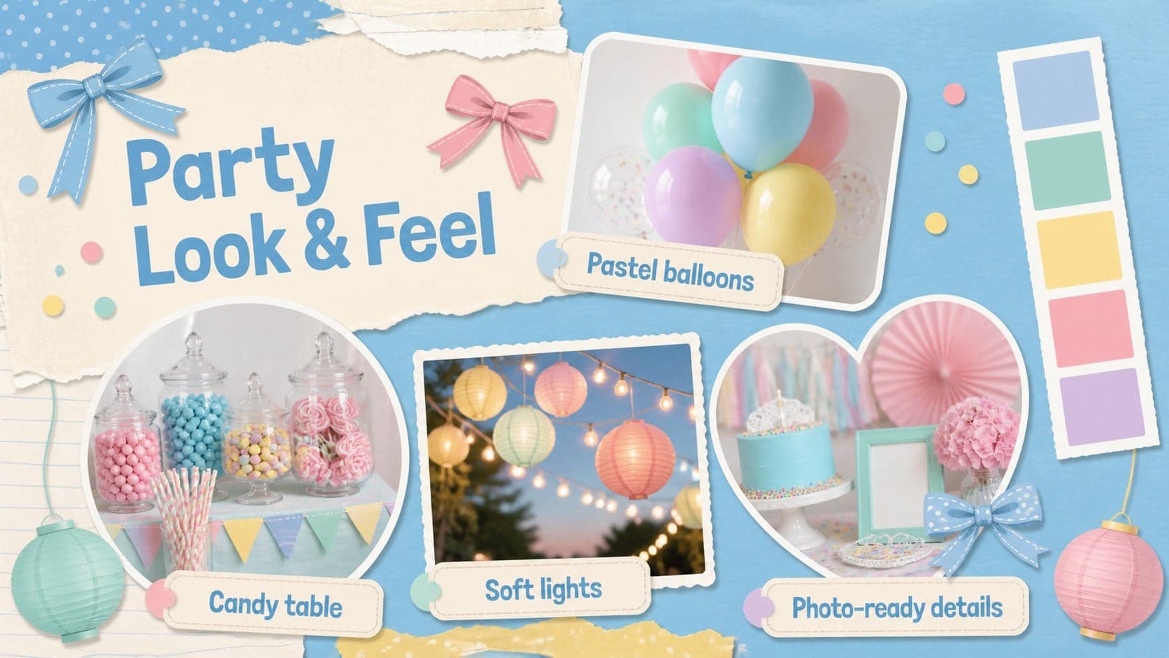 Candy themed birthday presentation mood board featuring pastel balloons, table decor, sweets, and lighting ideas.