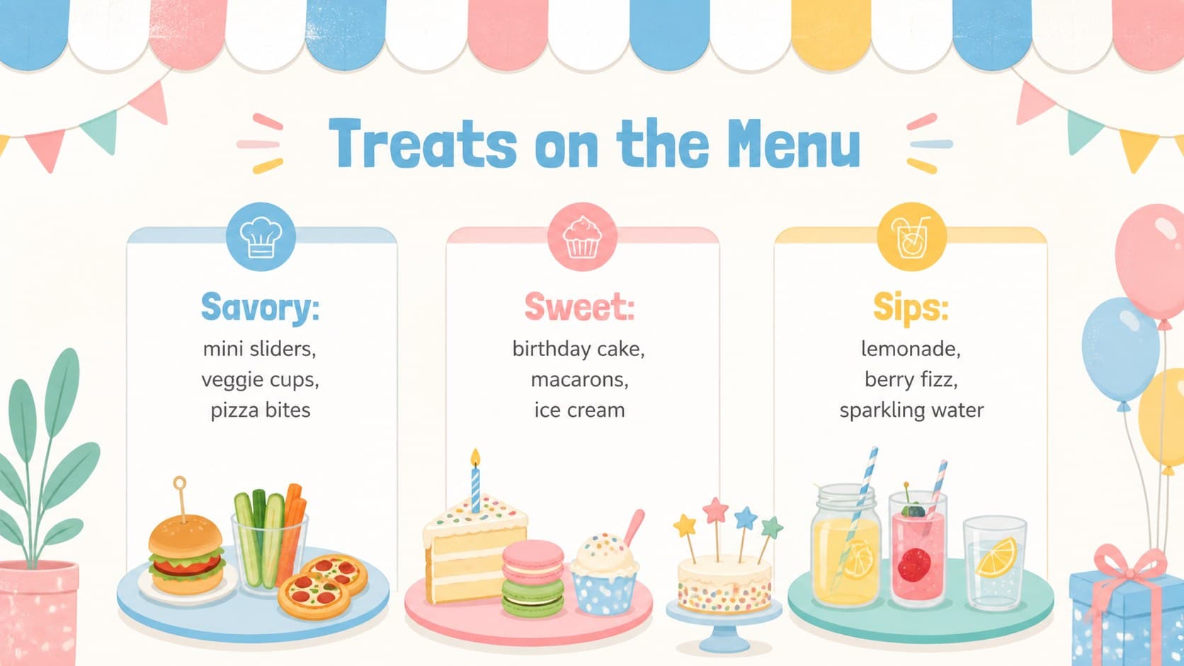 Sweet sixteen menu slide listing savory bites, desserts, and alcohol-free drinks in a colorful illustrated layout.