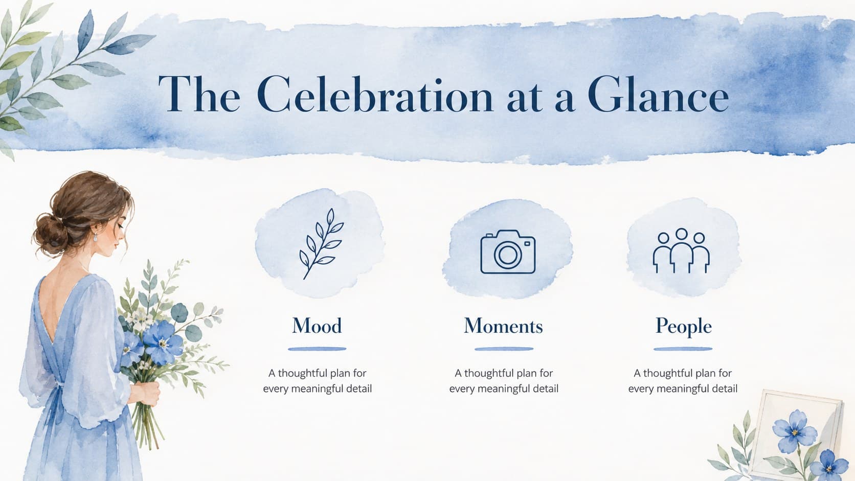 Wedding celebration overview slide showing a refined floral concept in a blue and white event presentation.