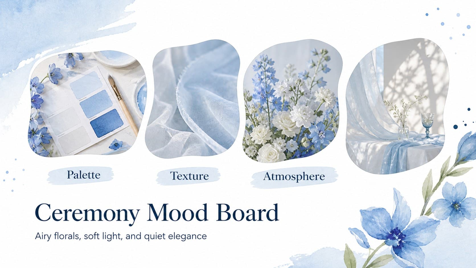 Floral wedding ceremony presentation slide with a pastel blue inspiration board and event styling notes.