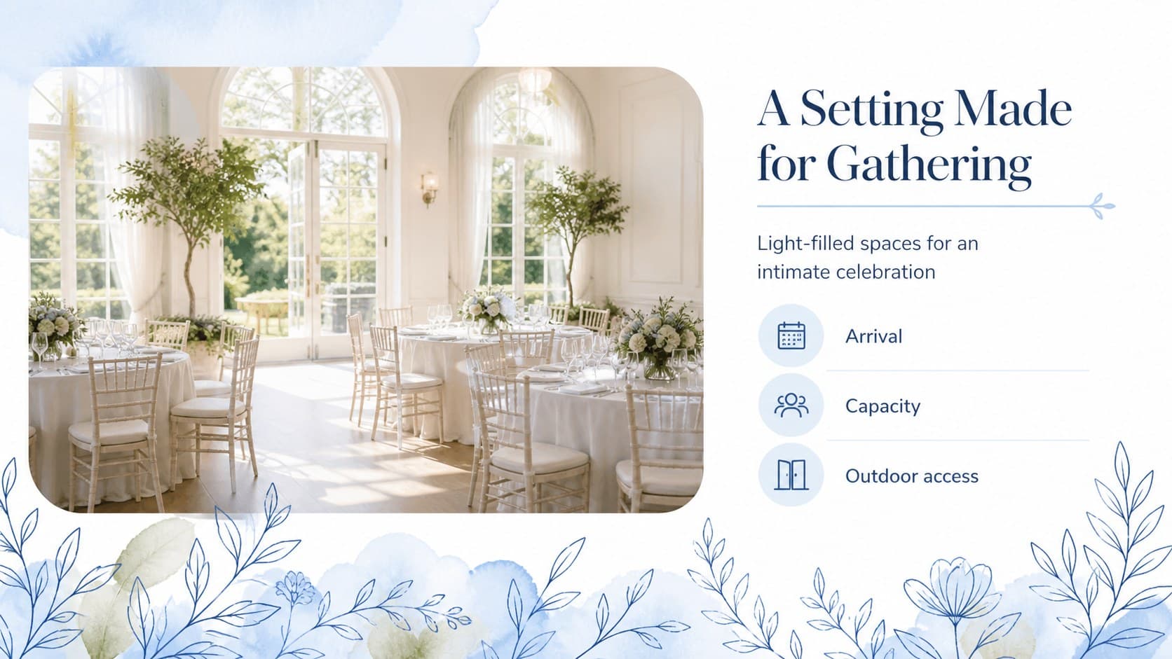 Pastel blue wedding venue presentation slide with location details and watercolor botanical accents.