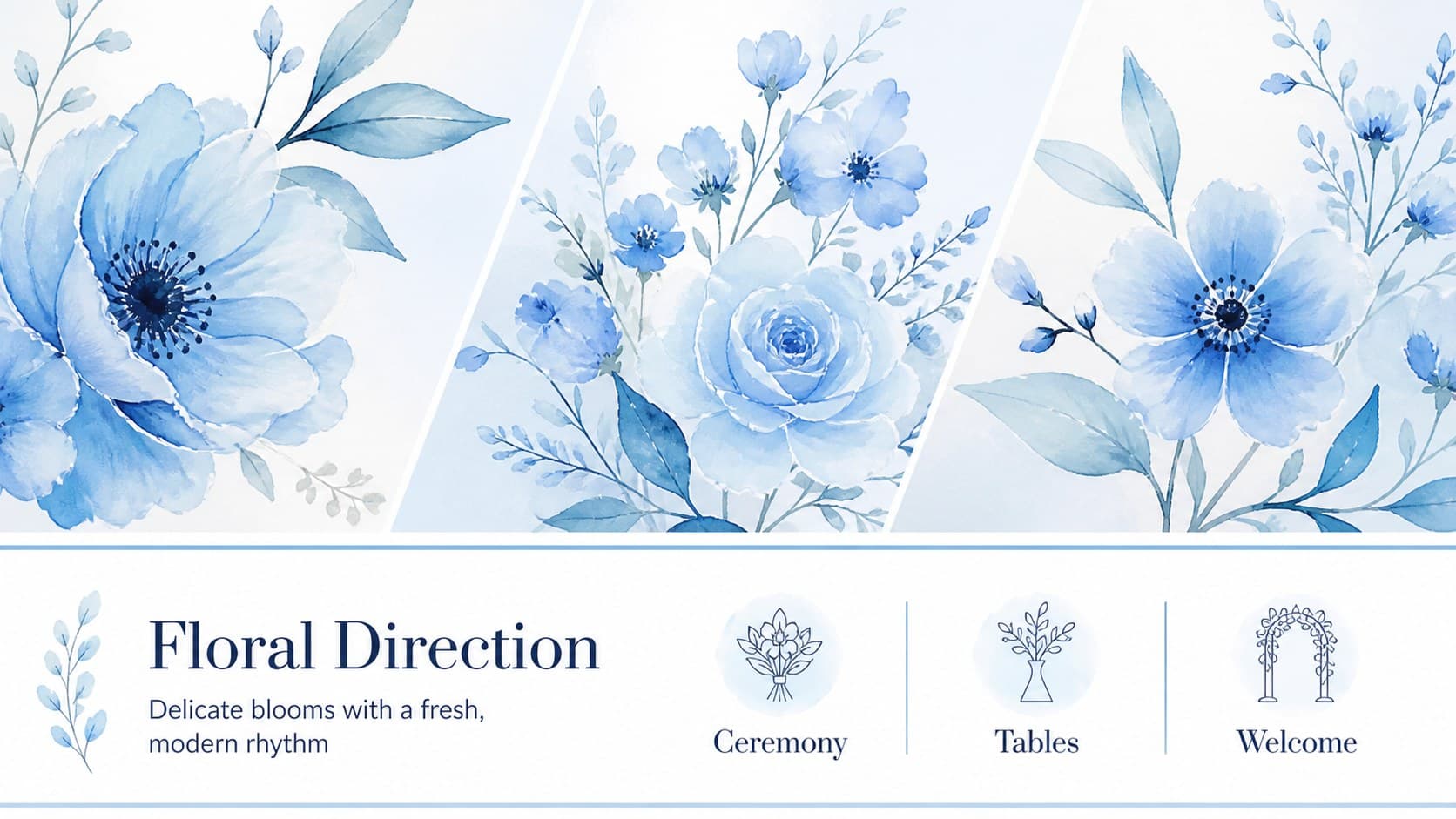 Watercolor wedding floral direction slide presenting pastel blue blooms and styling priorities.