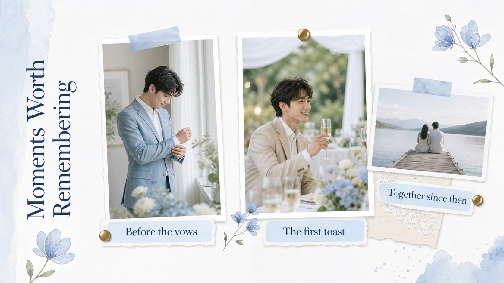 Anniversary photo story slide with pastel blue frames for meaningful wedding memories.