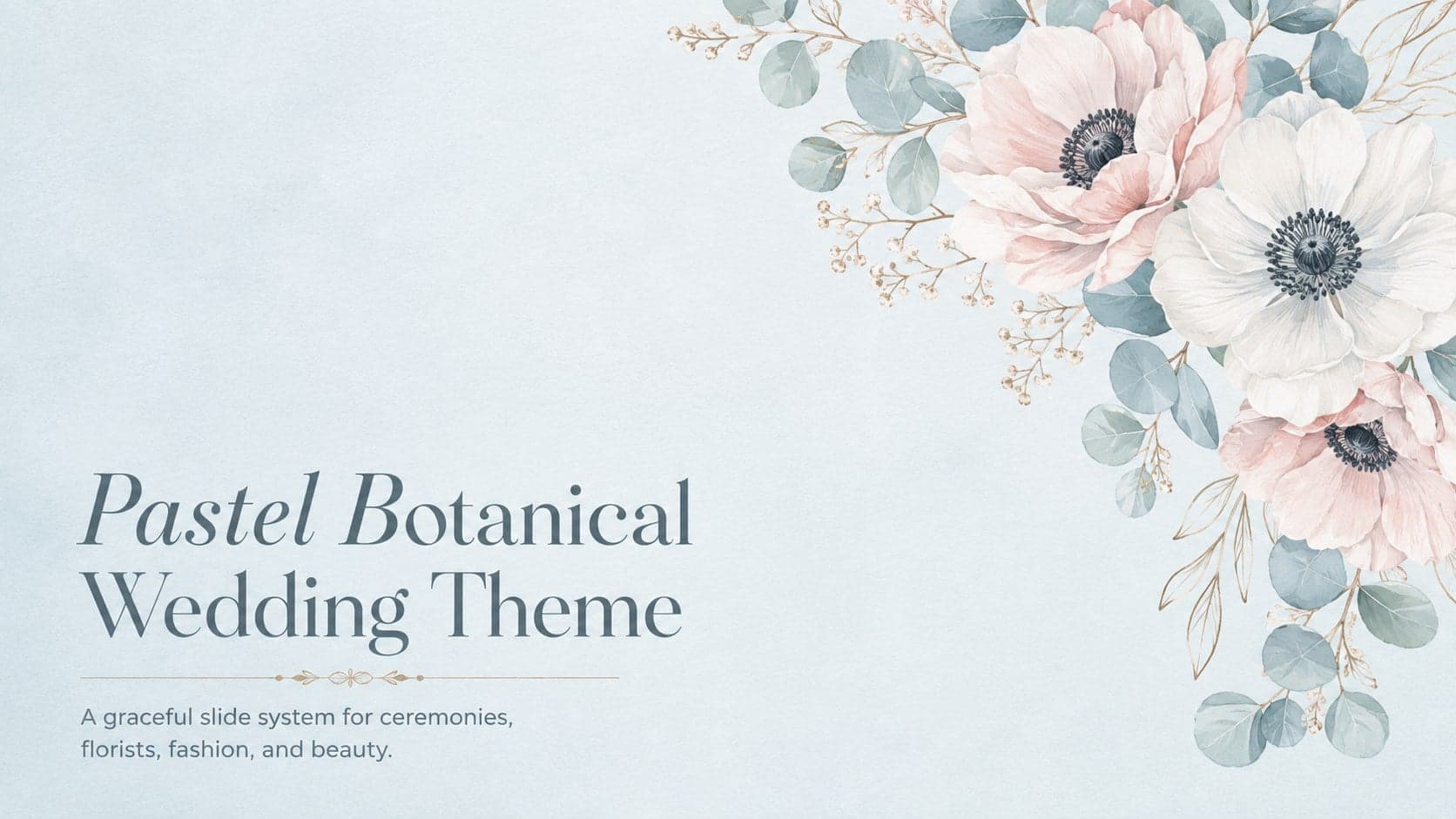 Pastel botanical wedding theme cover with delicate blue and blush flowers surrounding an elegant editorial title.