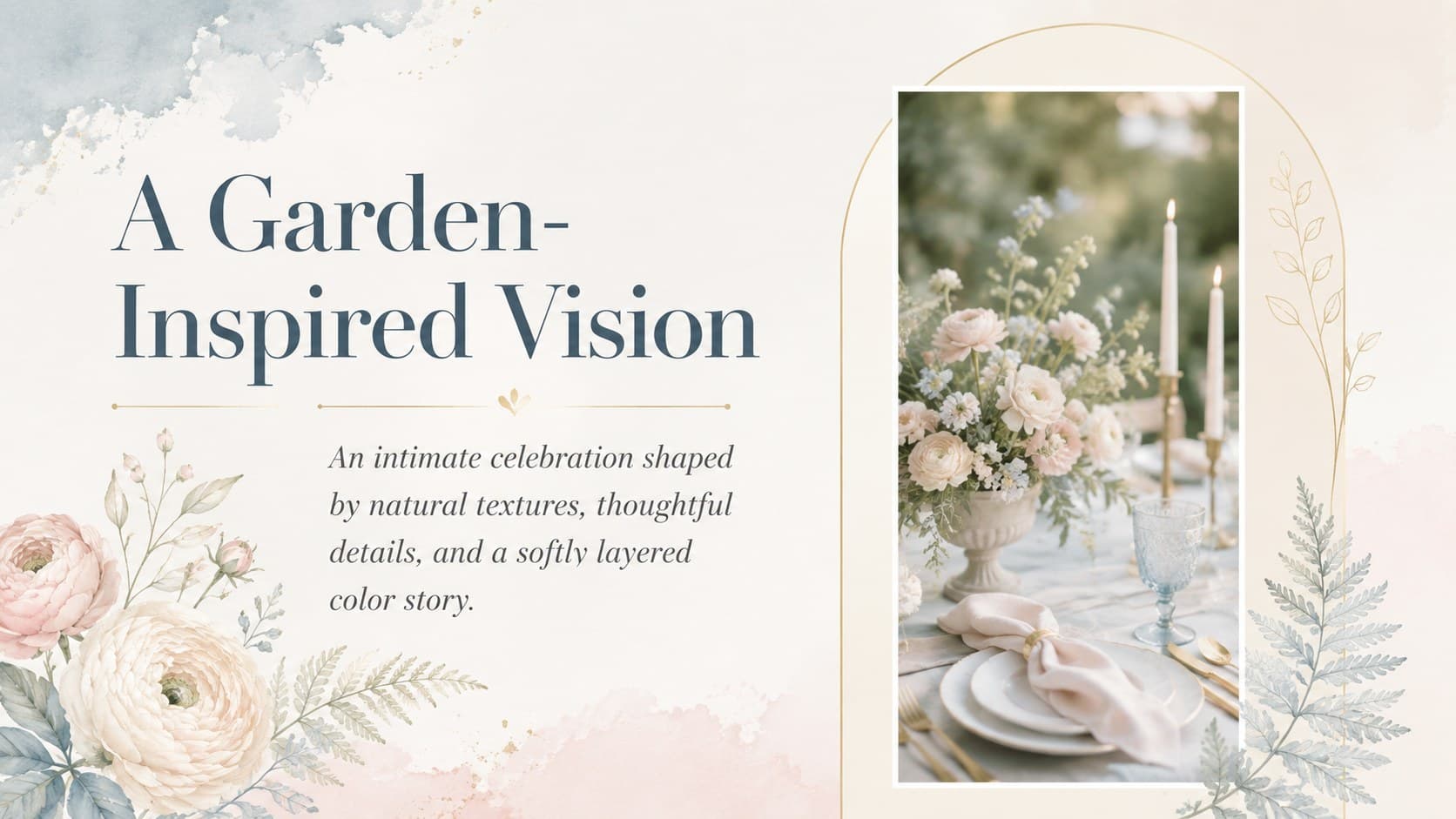 Romantic wedding mood board slide presenting a garden-inspired vision in an elegant pastel floral layout.