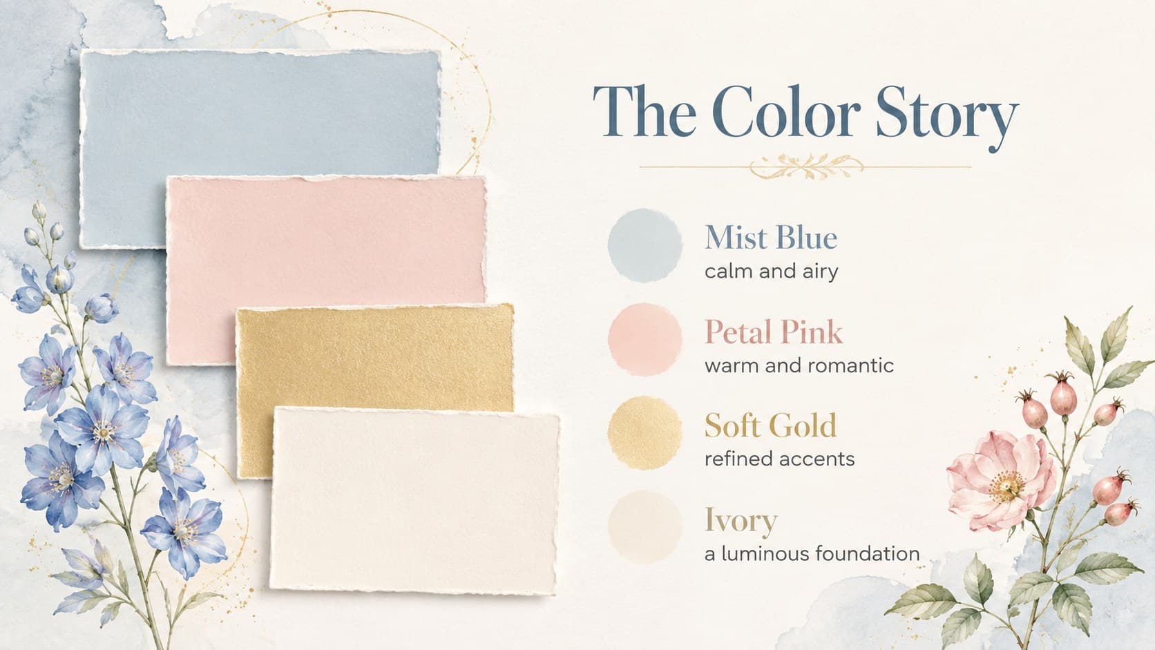 Pastel botanical wedding theme slide displaying a blue, blush, gold, and ivory event color palette.