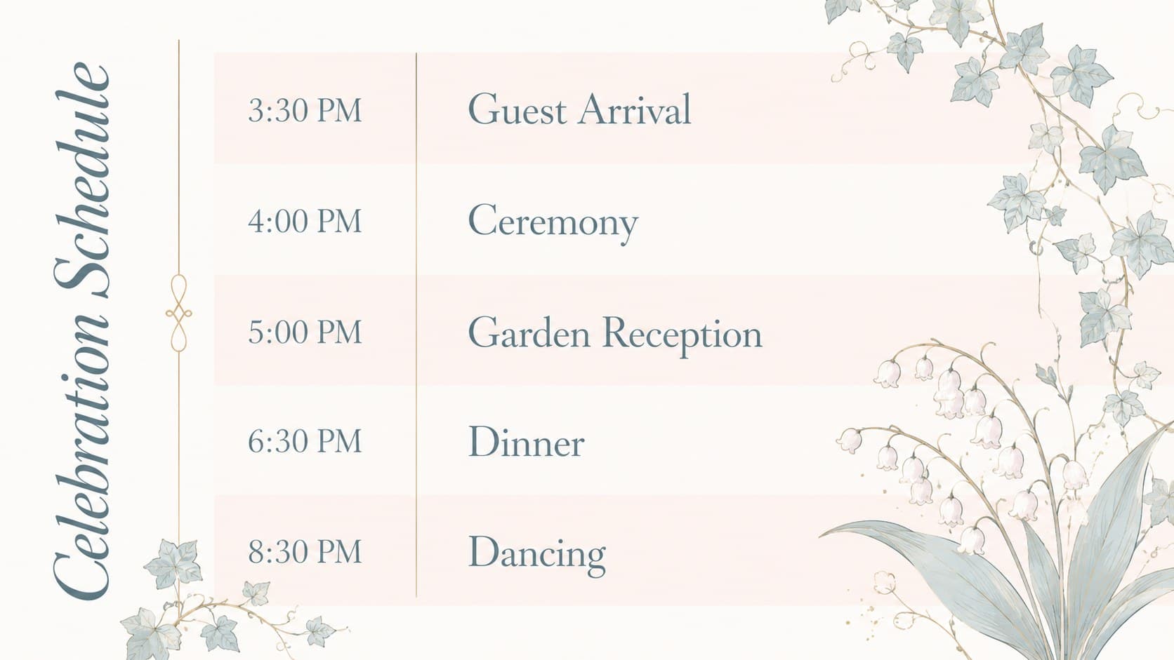 Floral Google Slides wedding template featuring an editable event schedule from guest arrival through dancing.