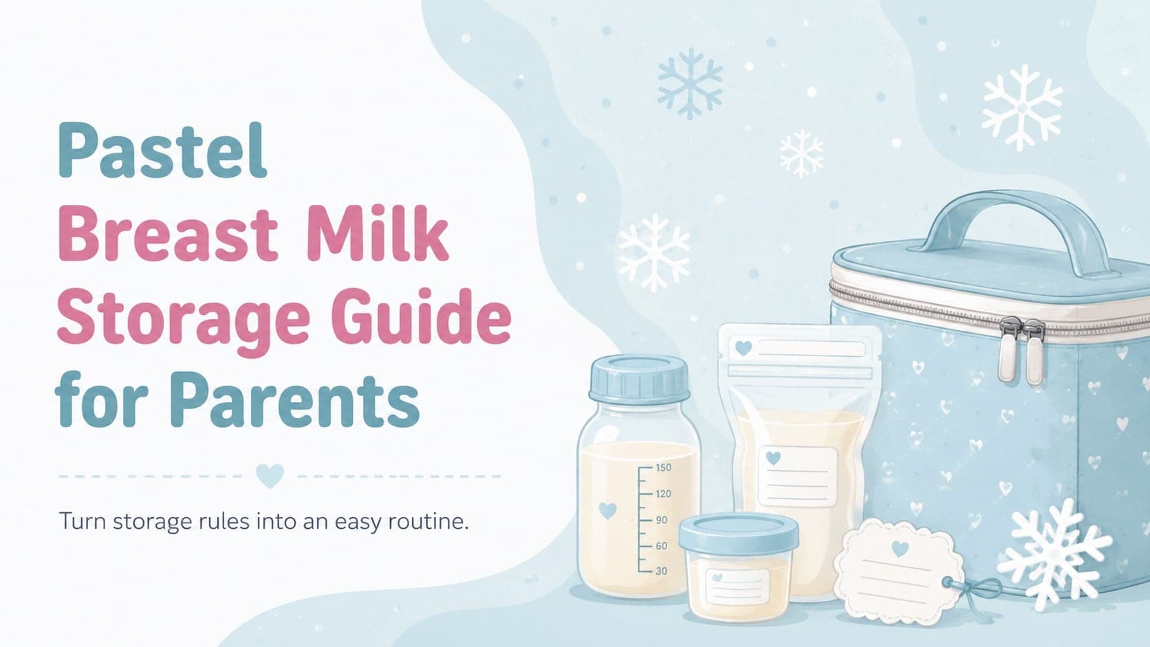 Pastel breast milk storage guide cover with blue nursery-inspired illustrations for parent education.