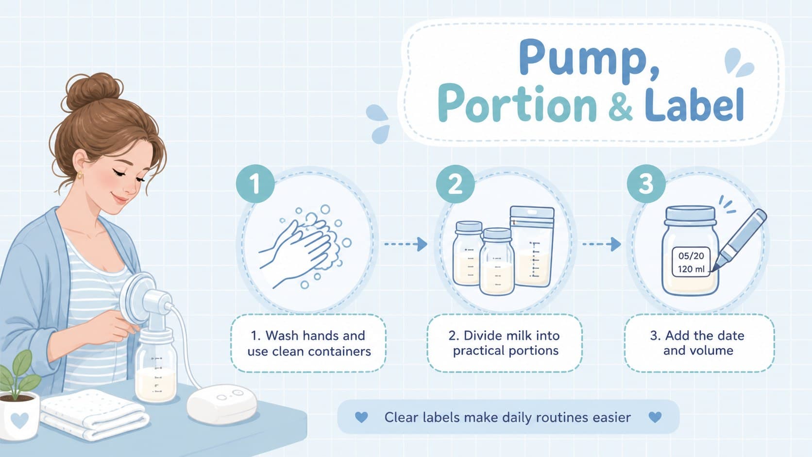 Illustrated pumping and labeling education slide showing clean containers, portions, dates, and volume labels.