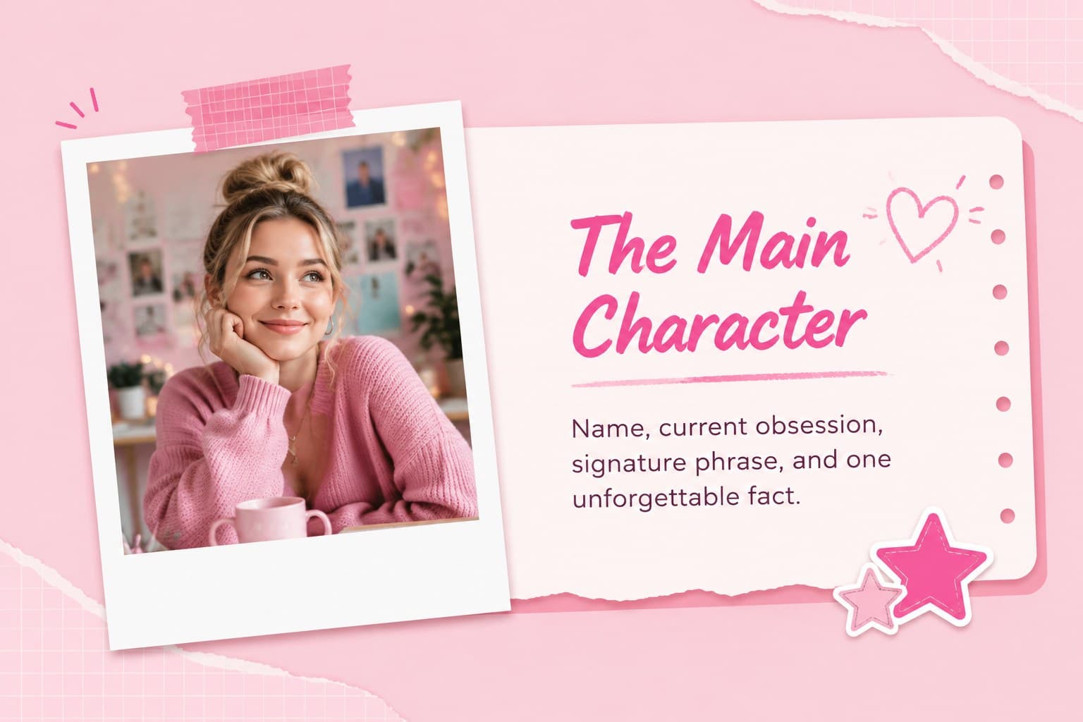 Digital scrapbook presentation profile page with editable personal details, photo space, and pastel stickers.