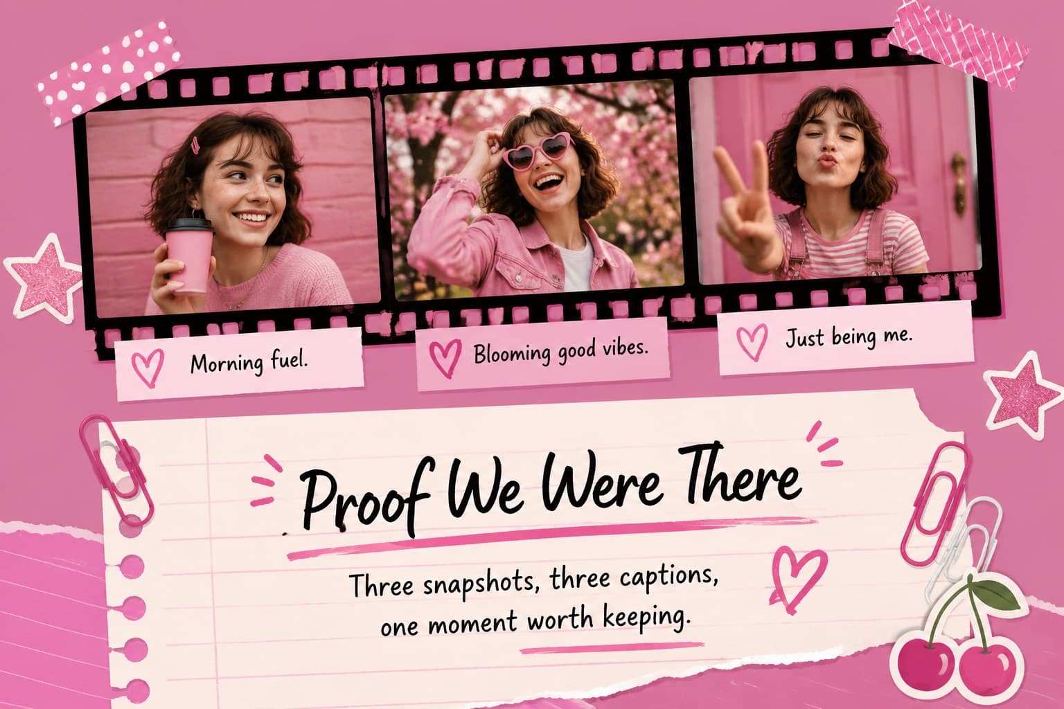 Friendship memory book slides layout showing a pink photo collage with captions and hand-drawn accents.