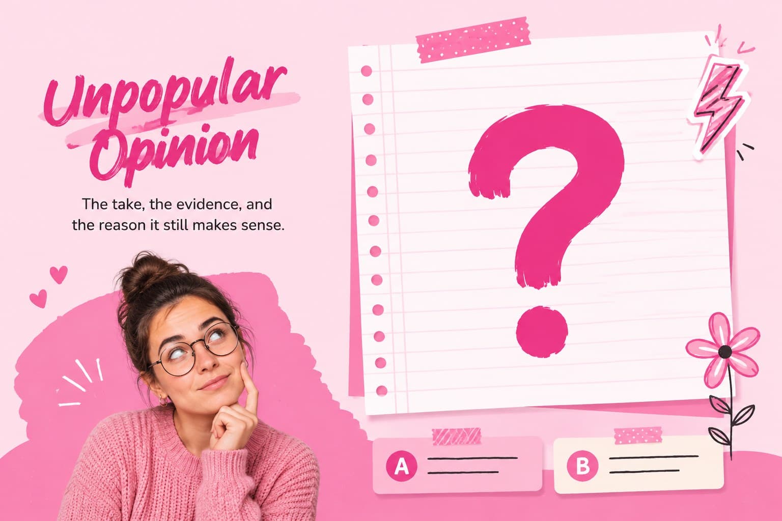 Pink doodle journal PowerPoint page with a bold opinion prompt, stickers, and editable text blocks.