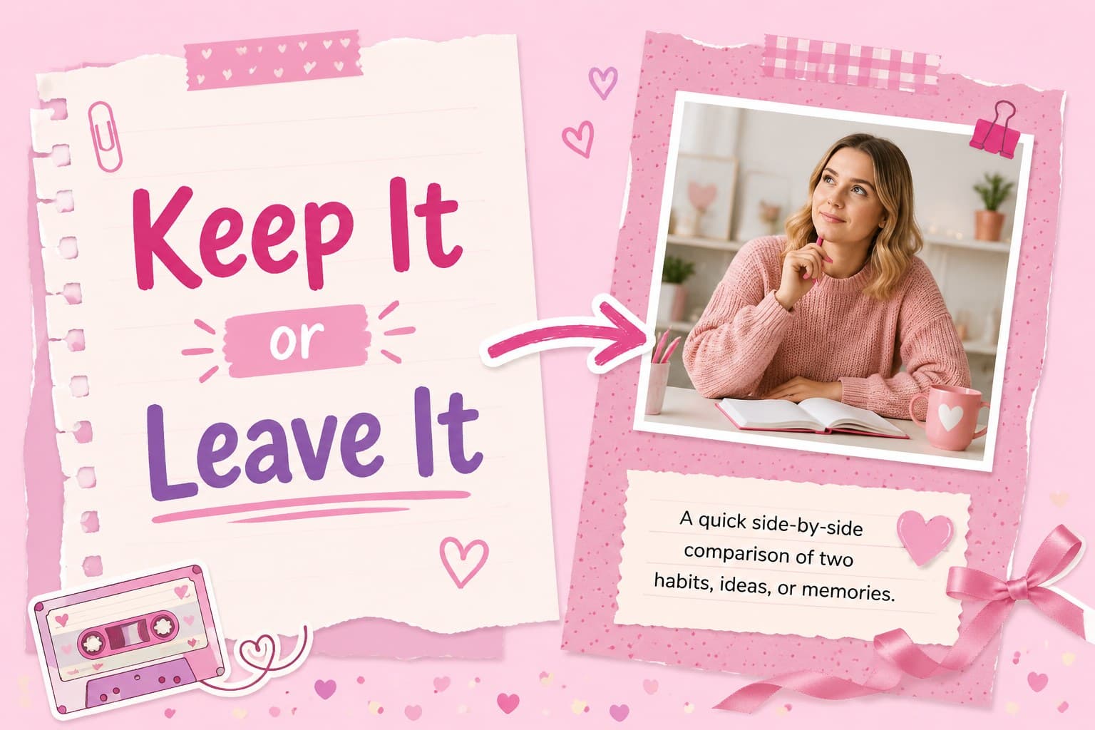 Pastel scrapbook deck comparison page with two contrasting columns for playful personal commentary.